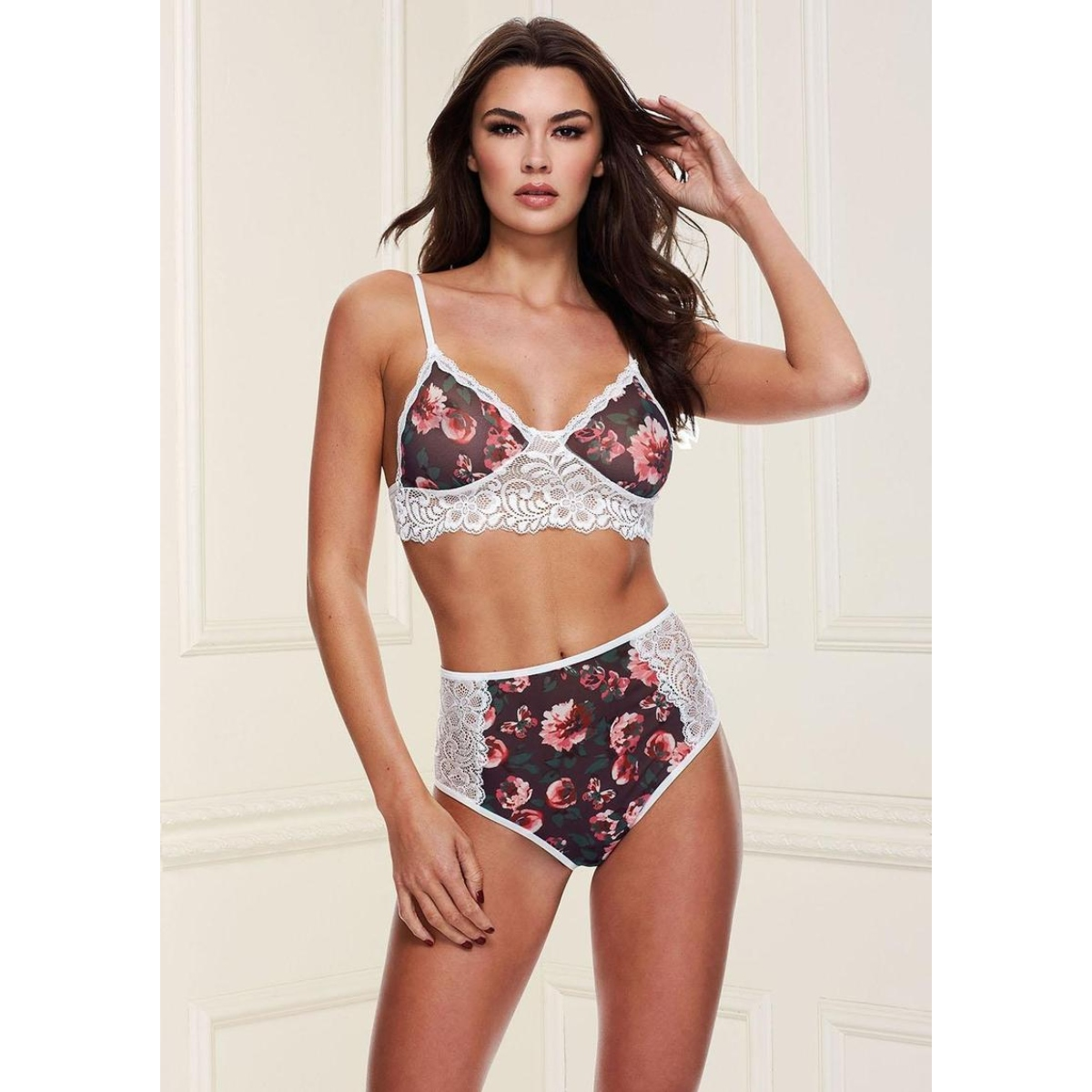 Baci Grey Floral &amp; Lace Bra Set With High Waist Panty Small Sensual Secret Boutique