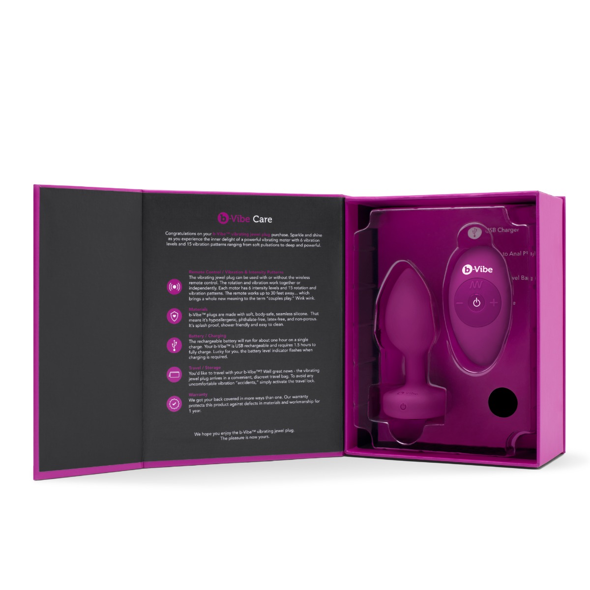 b-Vibe Vibrating Jewel Plug S/M Fuschia Sensual Secret Boutique