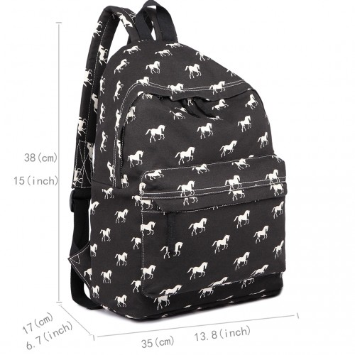 Miss Lulu Horse-Print Cotton Canvas School Backpack - Black Sensual Secret Boutique