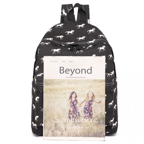 Miss Lulu Horse-Print Cotton Canvas School Backpack - Black Sensual Secret Boutique