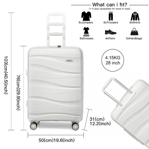 K2094L - Kono 28 Inch Lightweight Polypropylene Hard Shell Suitcase With TSA Lock - Cream White Sensual Secret Boutique