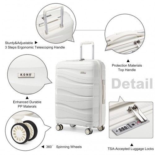 K2094L - Kono 28 Inch Lightweight Polypropylene Hard Shell Suitcase With TSA Lock - Cream White Sensual Secret Boutique