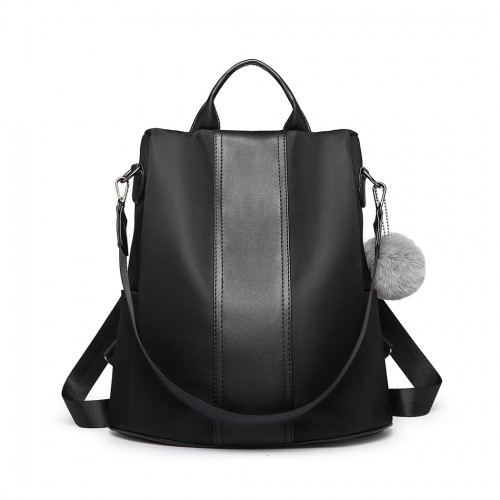 Miss Lulu Two Way Backpack Shoulder Bag with Pom Pom Pendant - Black Sensual Secret Boutique