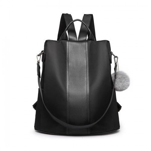 Miss Lulu Two Way Backpack Shoulder Bag with Pom Pom Pendant - Black Sensual Secret Boutique