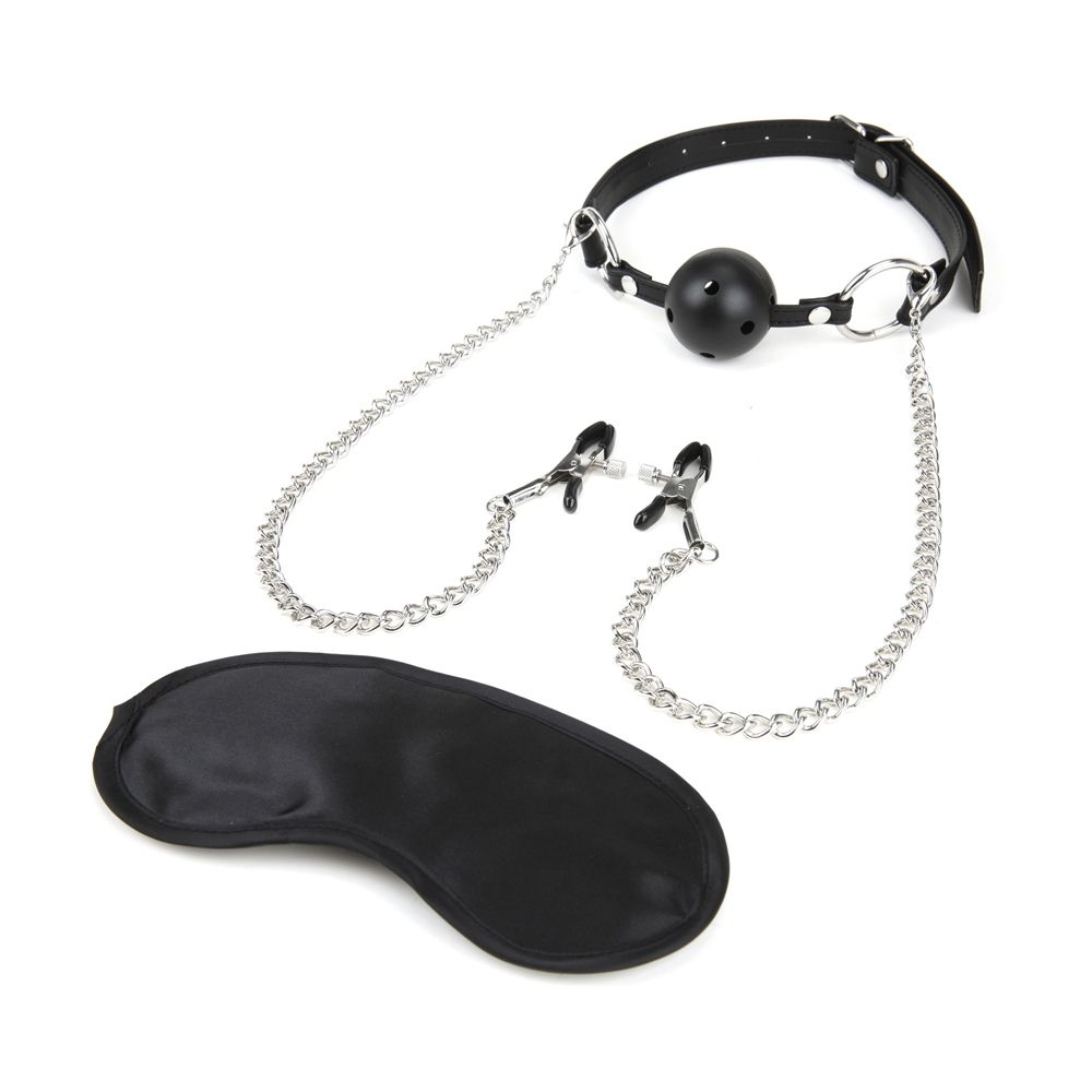 Lux Fetish Breathable Ball Gag with nipple Chain Black Sensual Secret Boutique