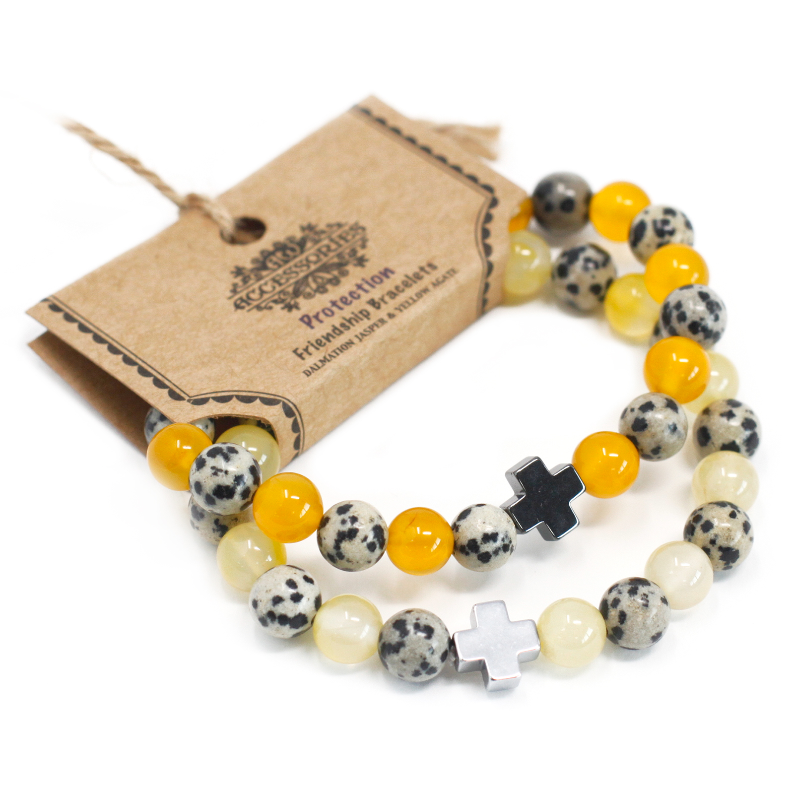 Set of 2 Gemstones Friendship Bracelets - Protection - Dalmatian Jasper & Yellow Agate Sensual Secret Boutique