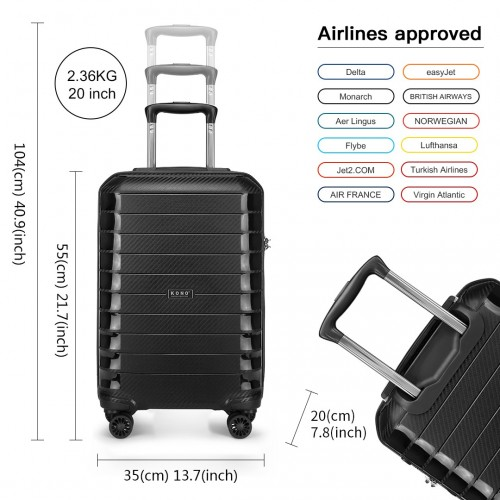 Kono Cabin Size Classic Collection Polypropylene Luggage with Charging Interface - Black Sensual Secret Boutique