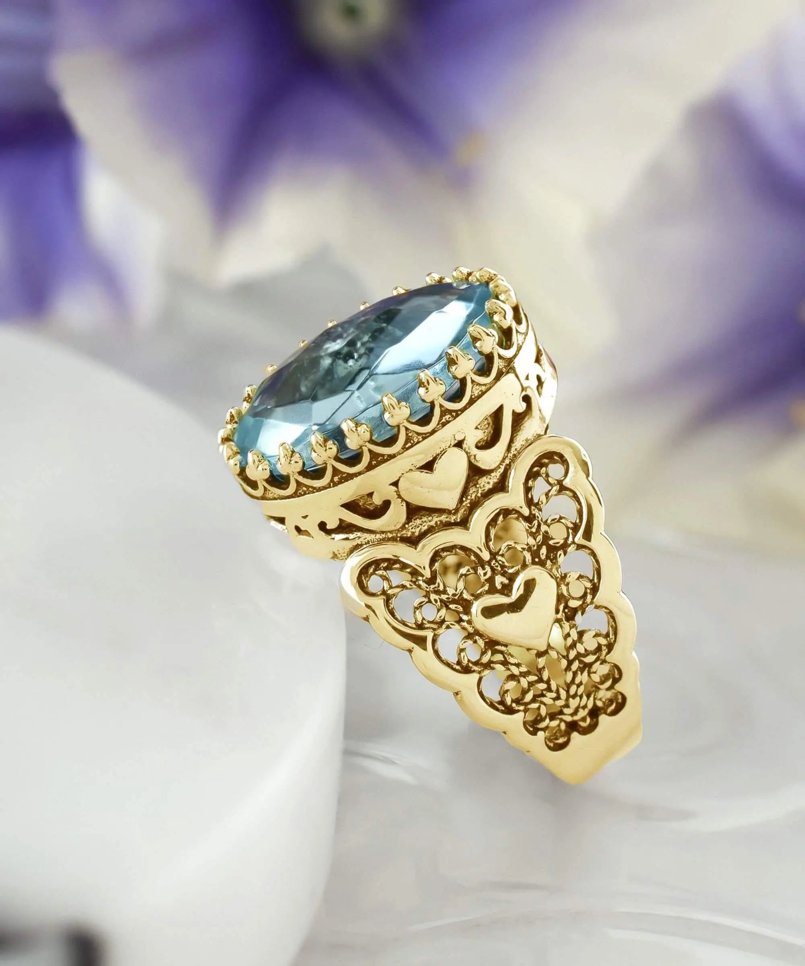 Double Heart Blue Topaz Gemstone Filigree Art Gold Plated Silver Women Statement Ring Sensual Secret Boutique