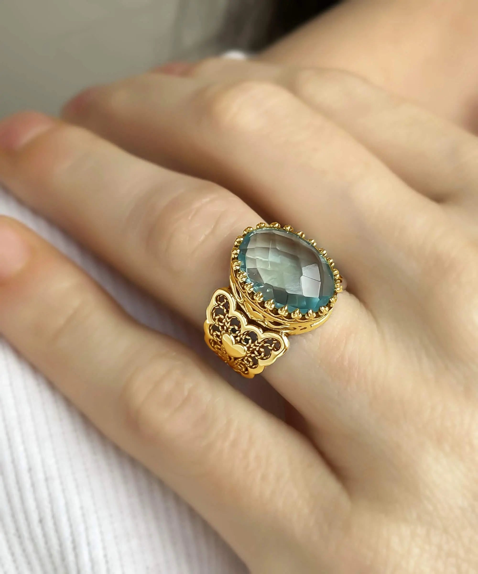 Double Heart Blue Topaz Gemstone Filigree Art Gold Plated Silver Women Statement Ring Sensual Secret Boutique