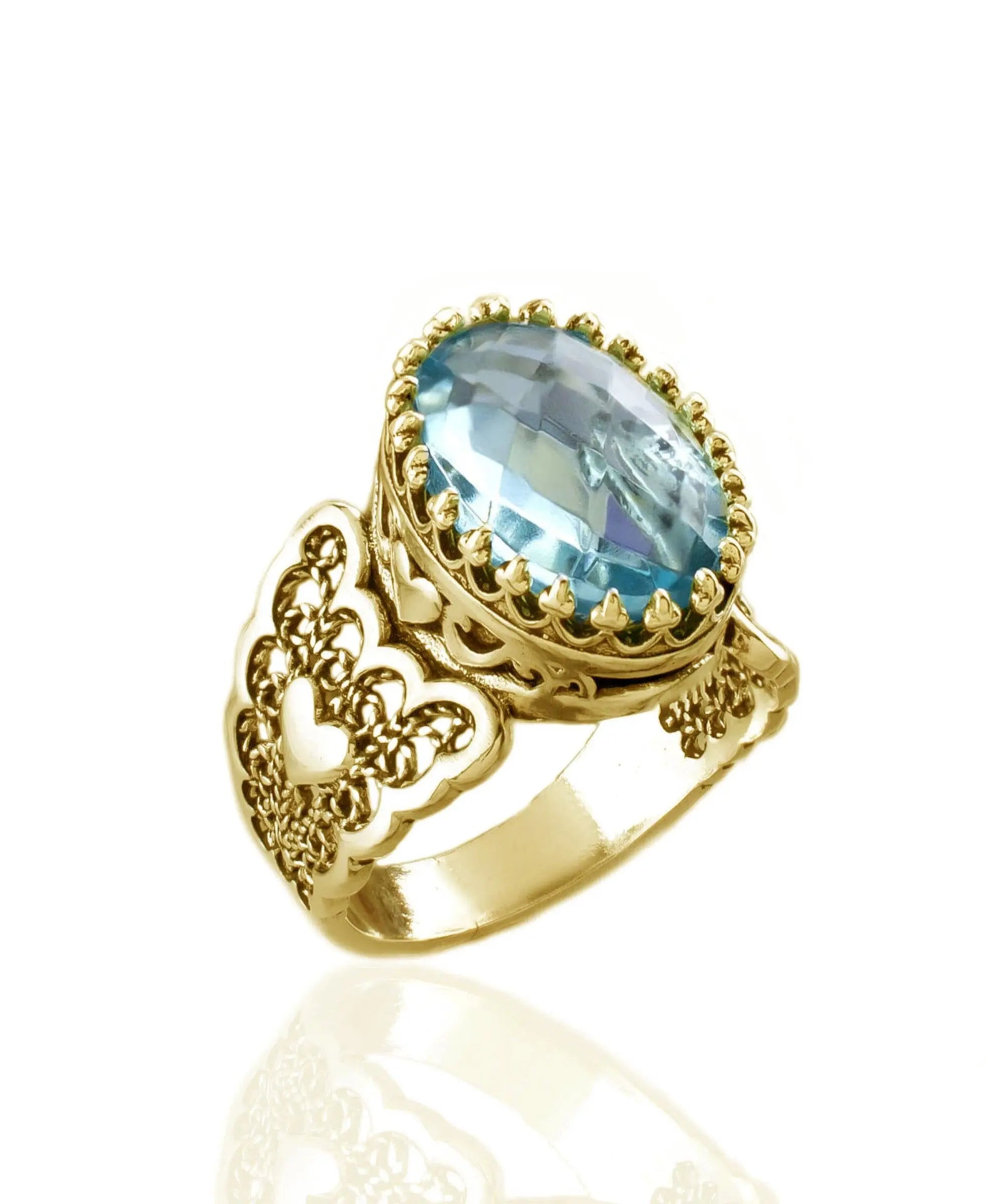 Double Heart Blue Topaz Gemstone Filigree Art Gold Plated Silver Women Statement Ring Sensual Secret Boutique