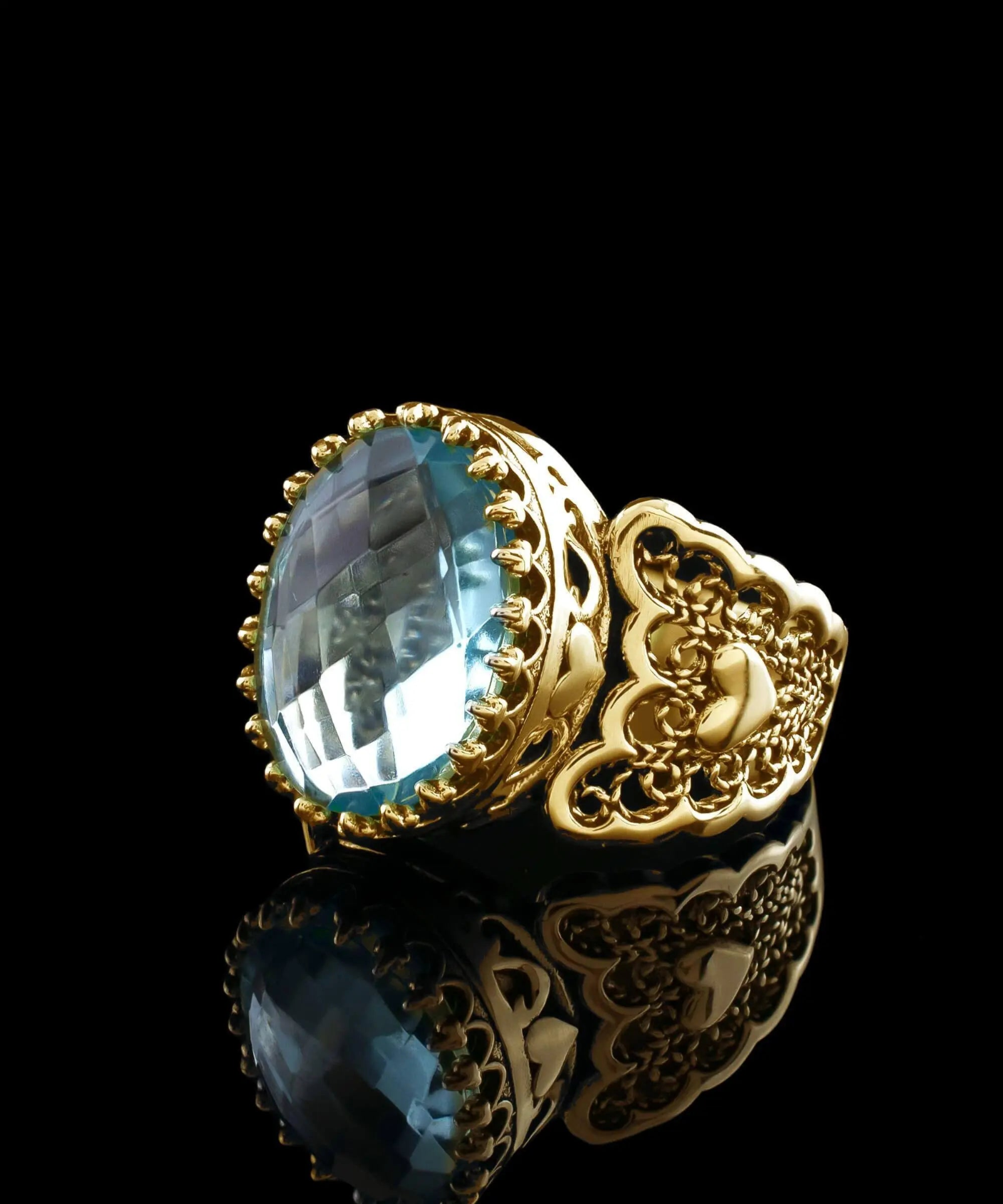 Double Heart Blue Topaz Gemstone Filigree Art Gold Plated Silver Women Statement Ring Sensual Secret Boutique