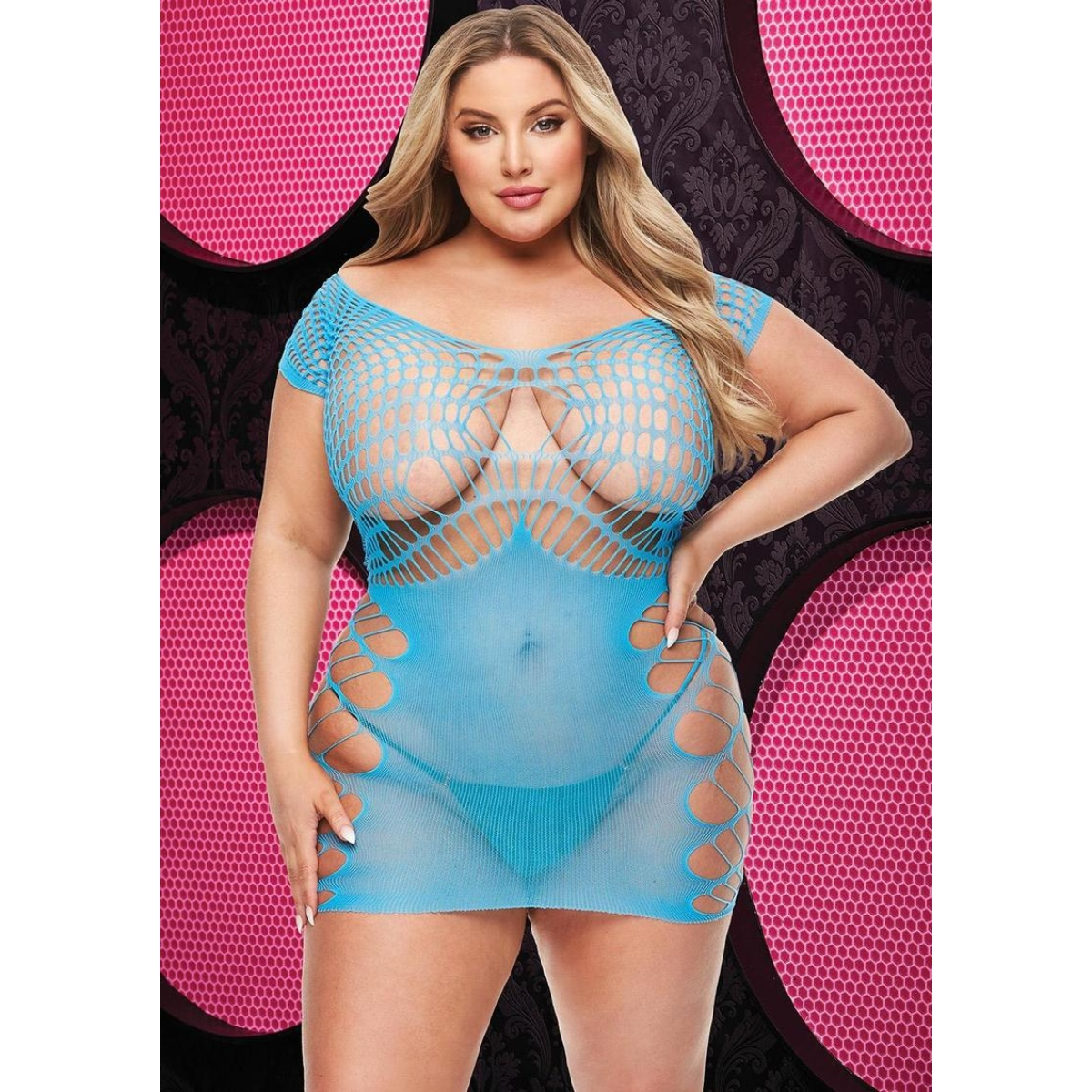 Lapdance Sexy Fishnet &amp; Lace Halter Dress Neon Blue Q Sensual Secret Boutique