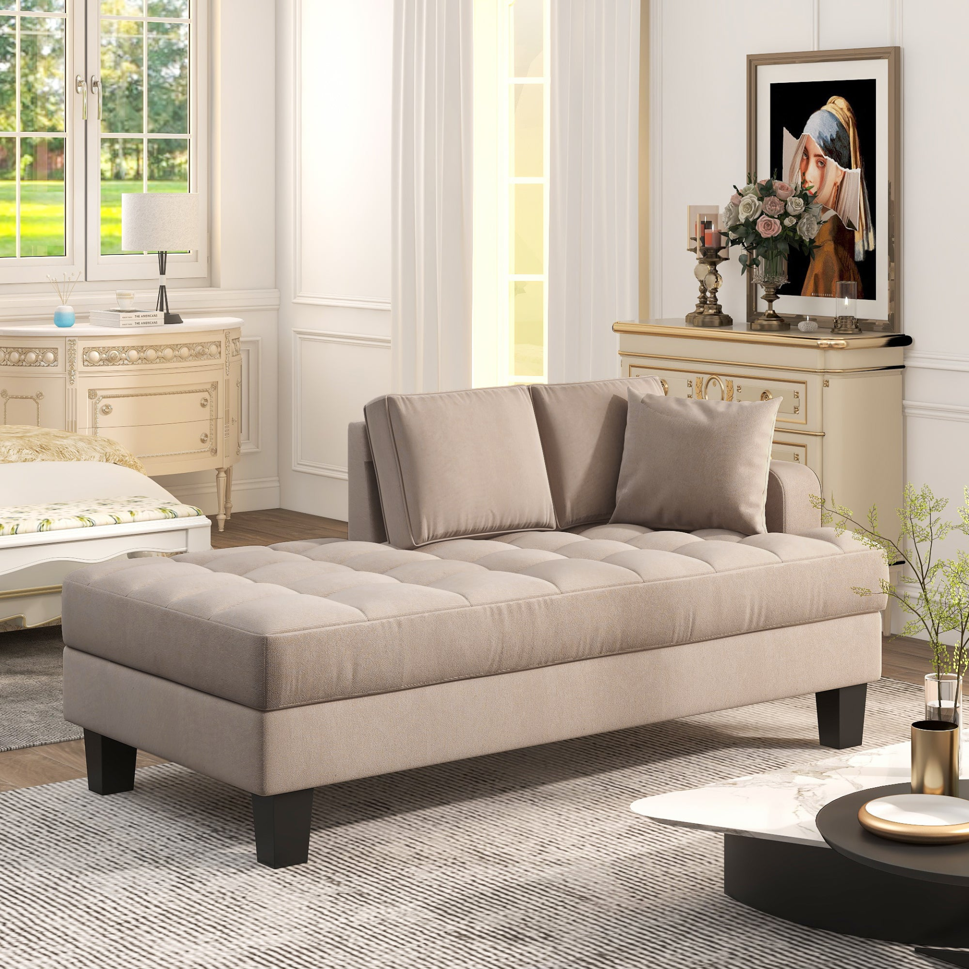 64" Deep Tufted Upholstered Textured Fabric Chaise Lounge - Warm Grey Sensual Secret Boutique