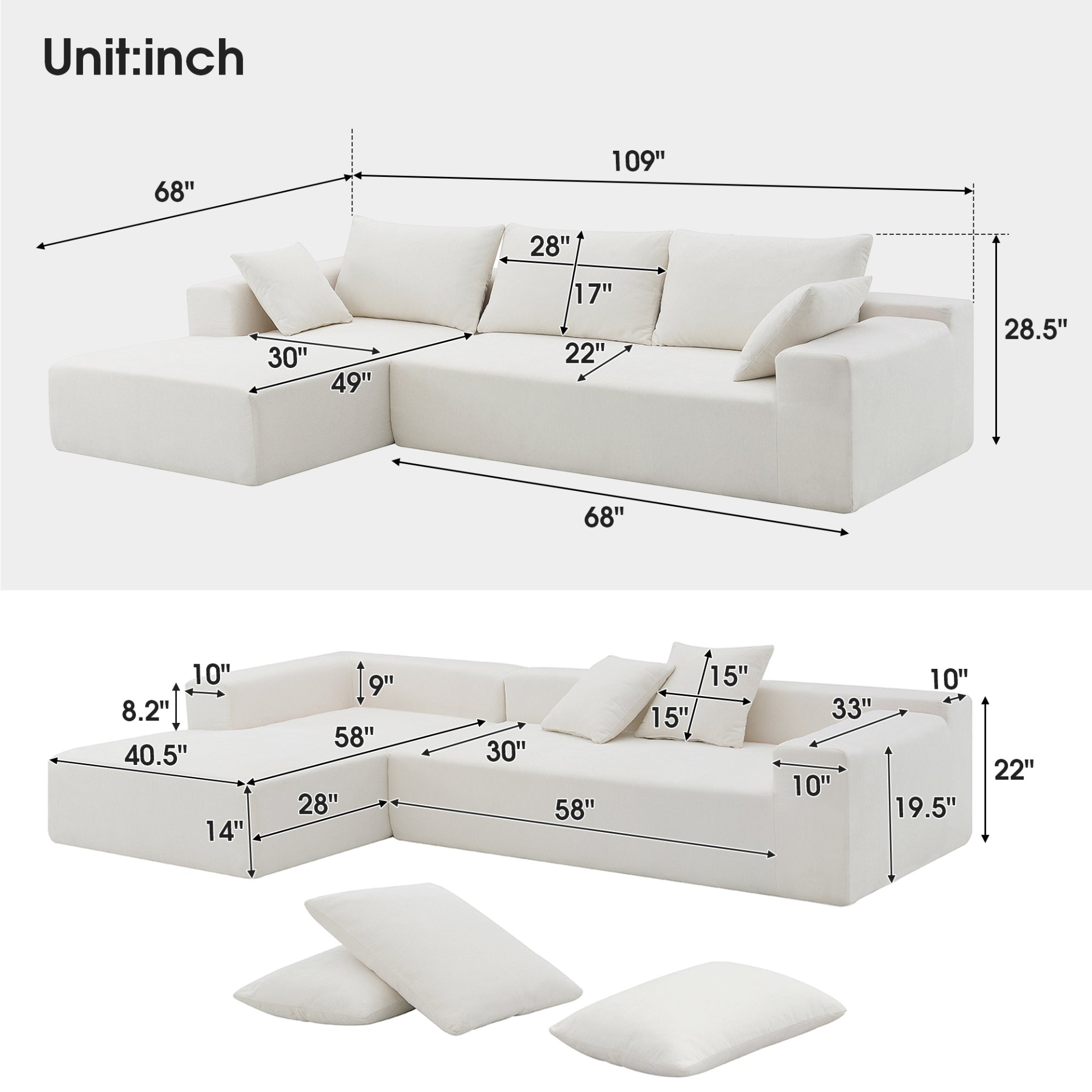 109*68" Modular Sectional Living Room Sofa Set, Modern Minimalist Style Couch, Upholstered Sleeper Sofa - White Sensual Secret Boutique