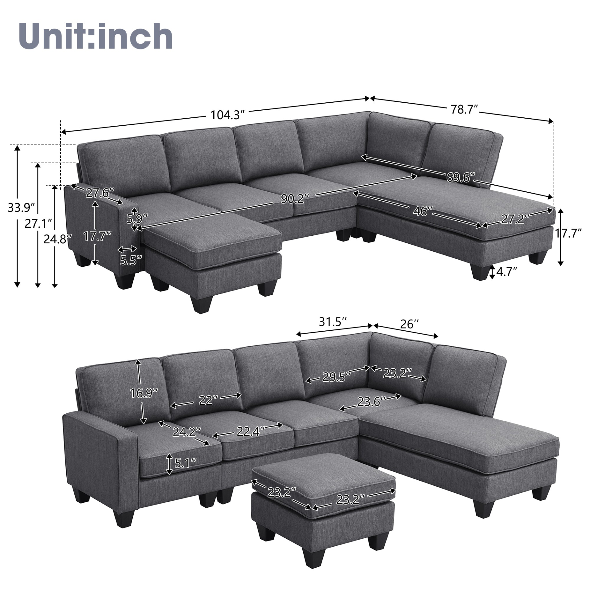 104.3*78.7" Modern L-shaped Sectional Sofa - Stylish Design, High-Quality Fabric, and Convertible Ottoman | [Brand Name] Sensual Secret Boutique