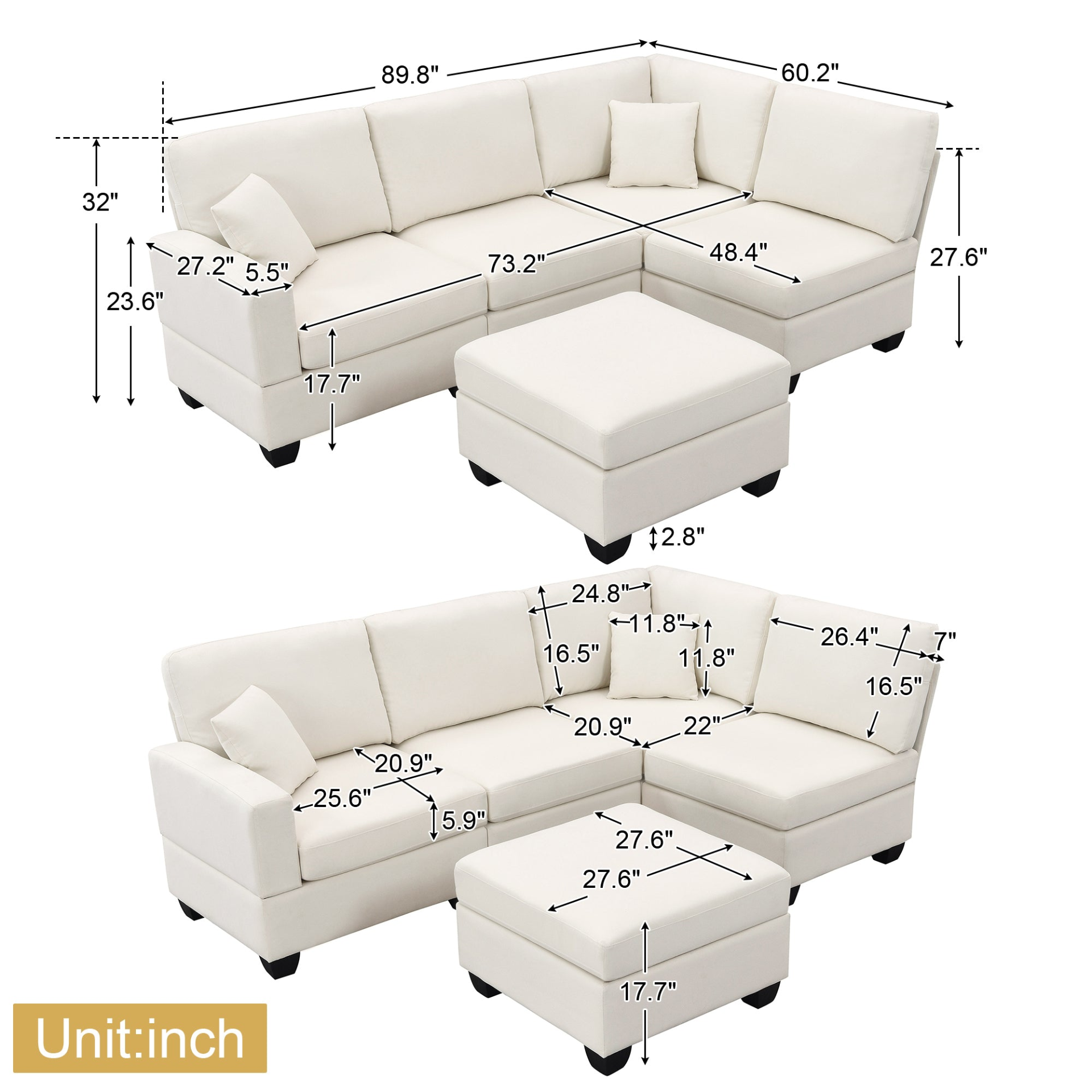 89.8*60.2" Modern Sectional Sofa, 5-Seat Modular Couch Set with Convertible Ottoman Sensual Secret Boutique