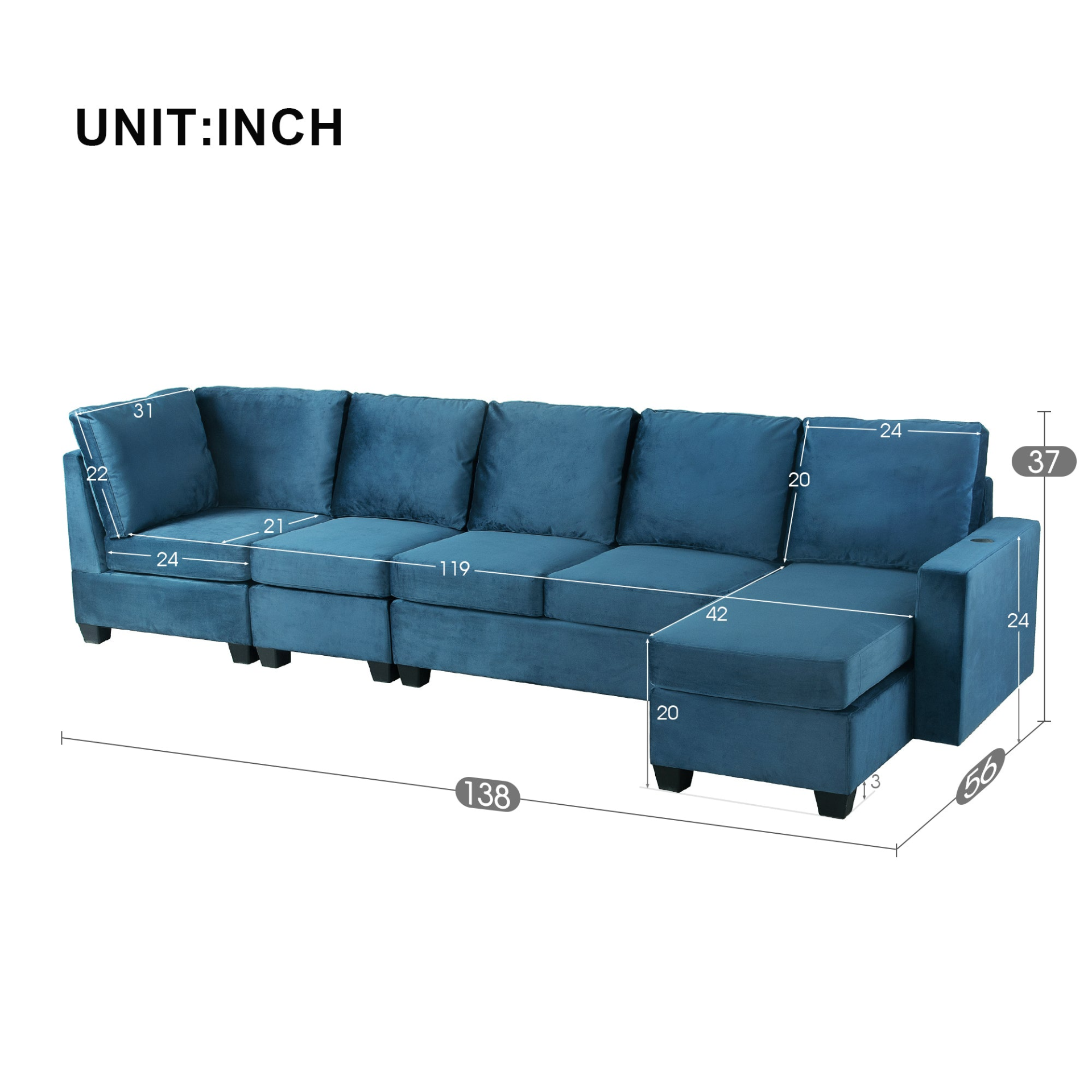 138*57" Modern L Shape Sectional Sofa, 6-Seat Velvet Fabric Couch with Convertible Chaise Lounge Sensual Secret Boutique