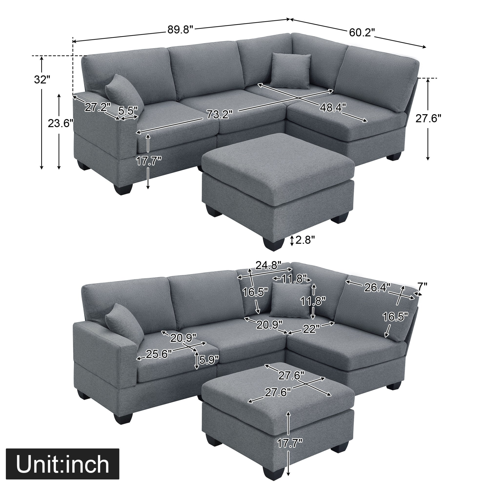 89.8*60.2" Modern Sectional Sofa - 5-Seat Modular Couch Set with Convertible Ottoman | Sleek Design, Comfortable & Versatile Sensual Secret Boutique