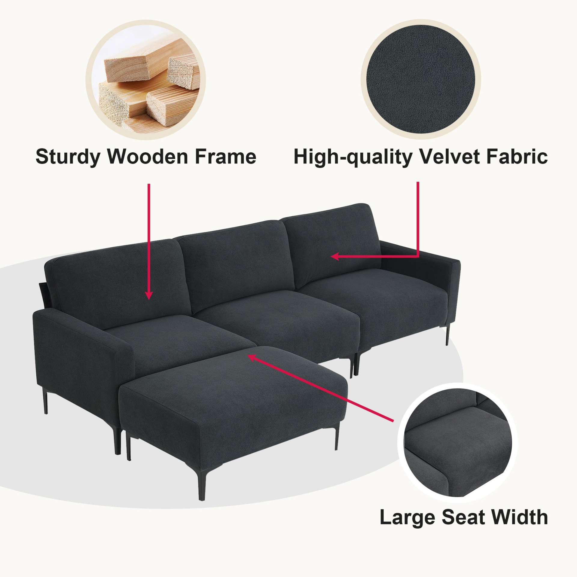 Modern L-shaped Sectional Sofa - 103.5*59", 4-seat Velvet Fabric Couch Set with Convertible Ottoman Sensual Secret Boutique