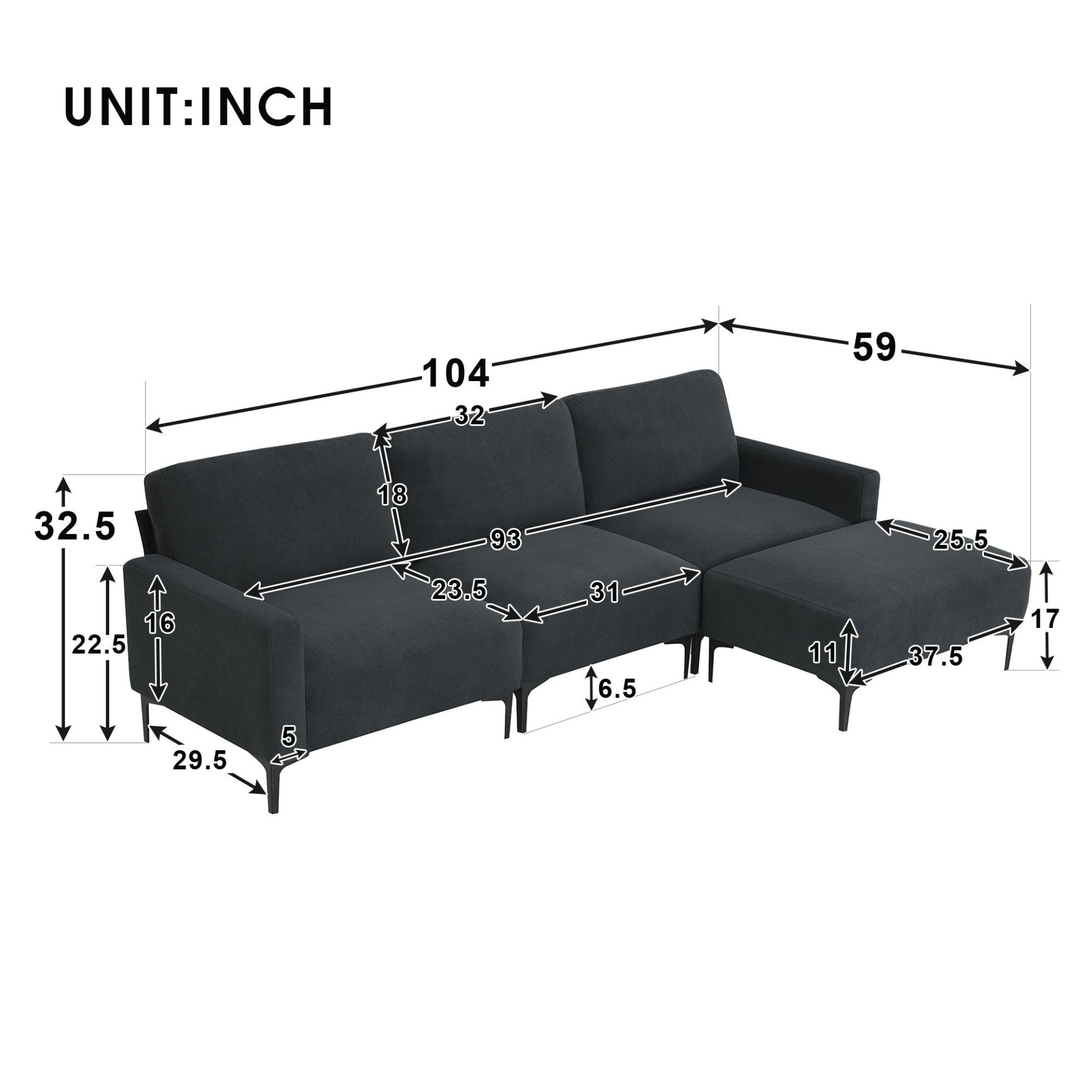 Modern L-shaped Sectional Sofa - 103.5*59", 4-seat Velvet Fabric Couch Set with Convertible Ottoman Sensual Secret Boutique