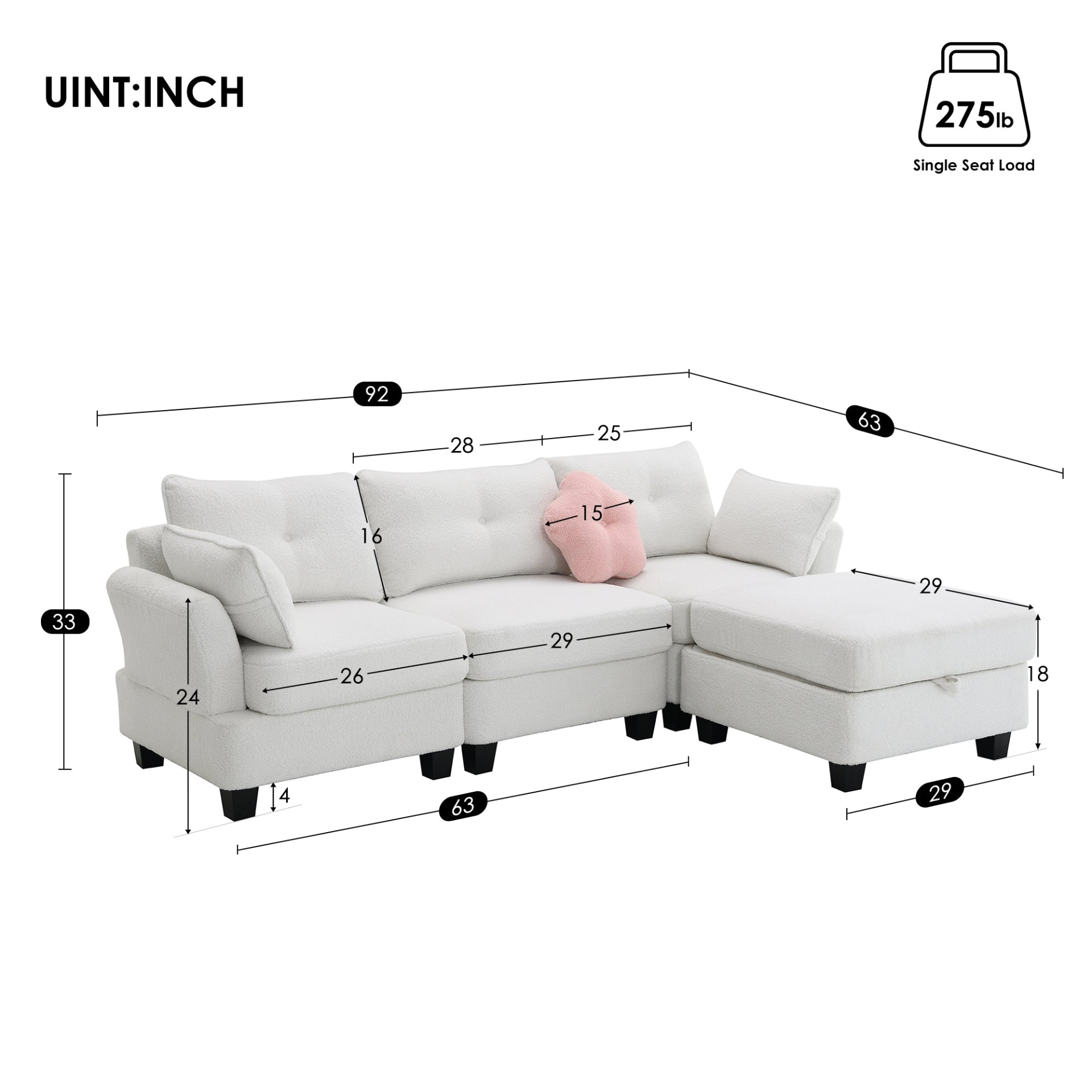 92*63" Modern Teddy Velvet Sectional Sofa with Charging Ports and Storage Ottoman Sensual Secret Boutique