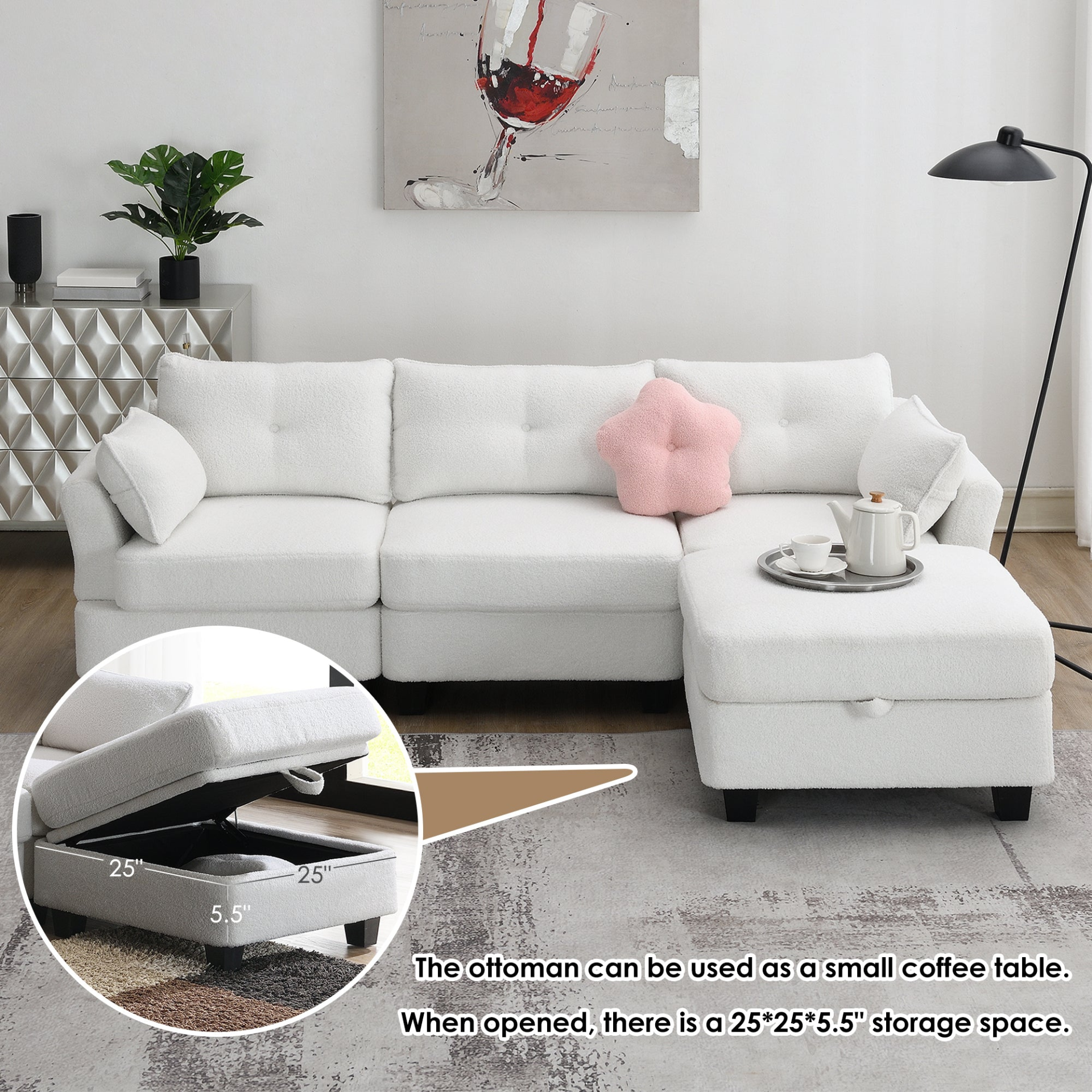 92*63" Modern Teddy Velvet Sectional Sofa with Charging Ports and Storage Ottoman Sensual Secret Boutique