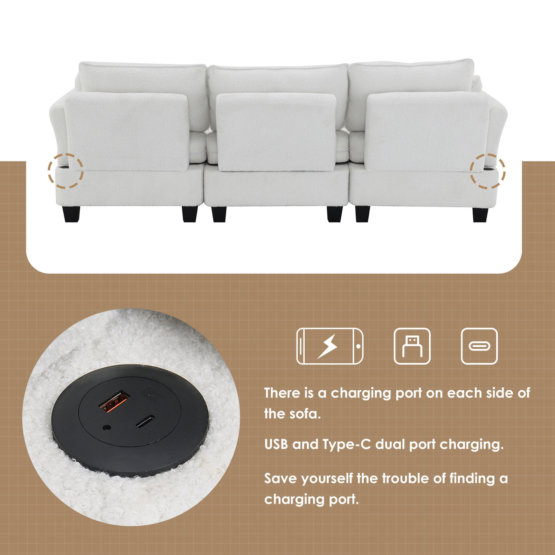 92*63" Modern Teddy Velvet Sectional Sofa with Charging Ports and Storage Ottoman Sensual Secret Boutique