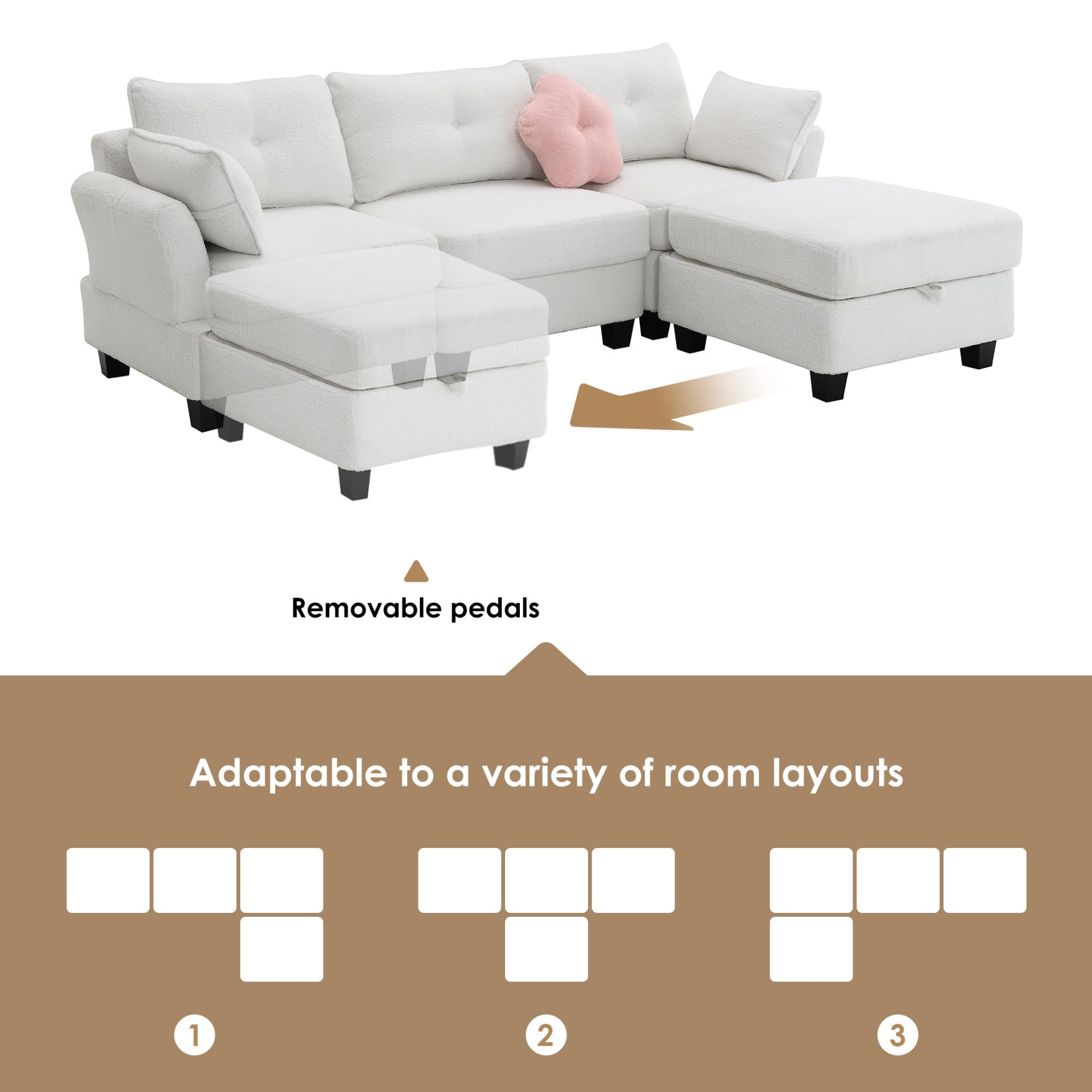 92*63" Modern Teddy Velvet Sectional Sofa with Charging Ports and Storage Ottoman Sensual Secret Boutique