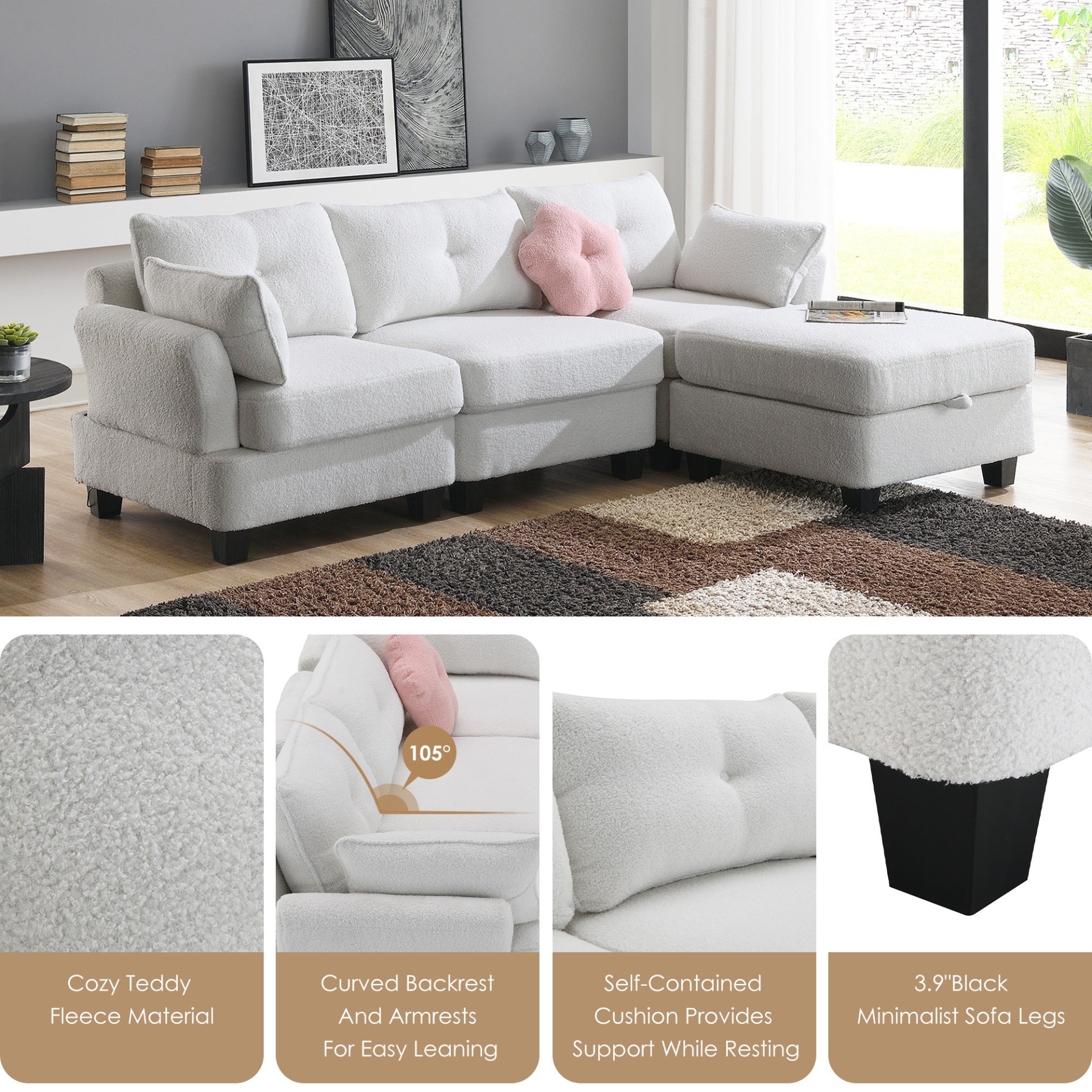 92*63" Modern Teddy Velvet Sectional Sofa with Charging Ports and Storage Ottoman Sensual Secret Boutique