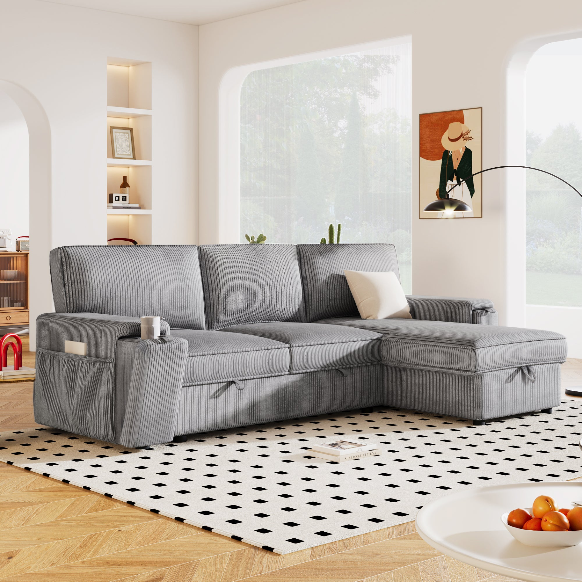 Upholstery Sleeper Sectional Sofa with Storage Bags and Cup Holders Sensual Secret Boutique