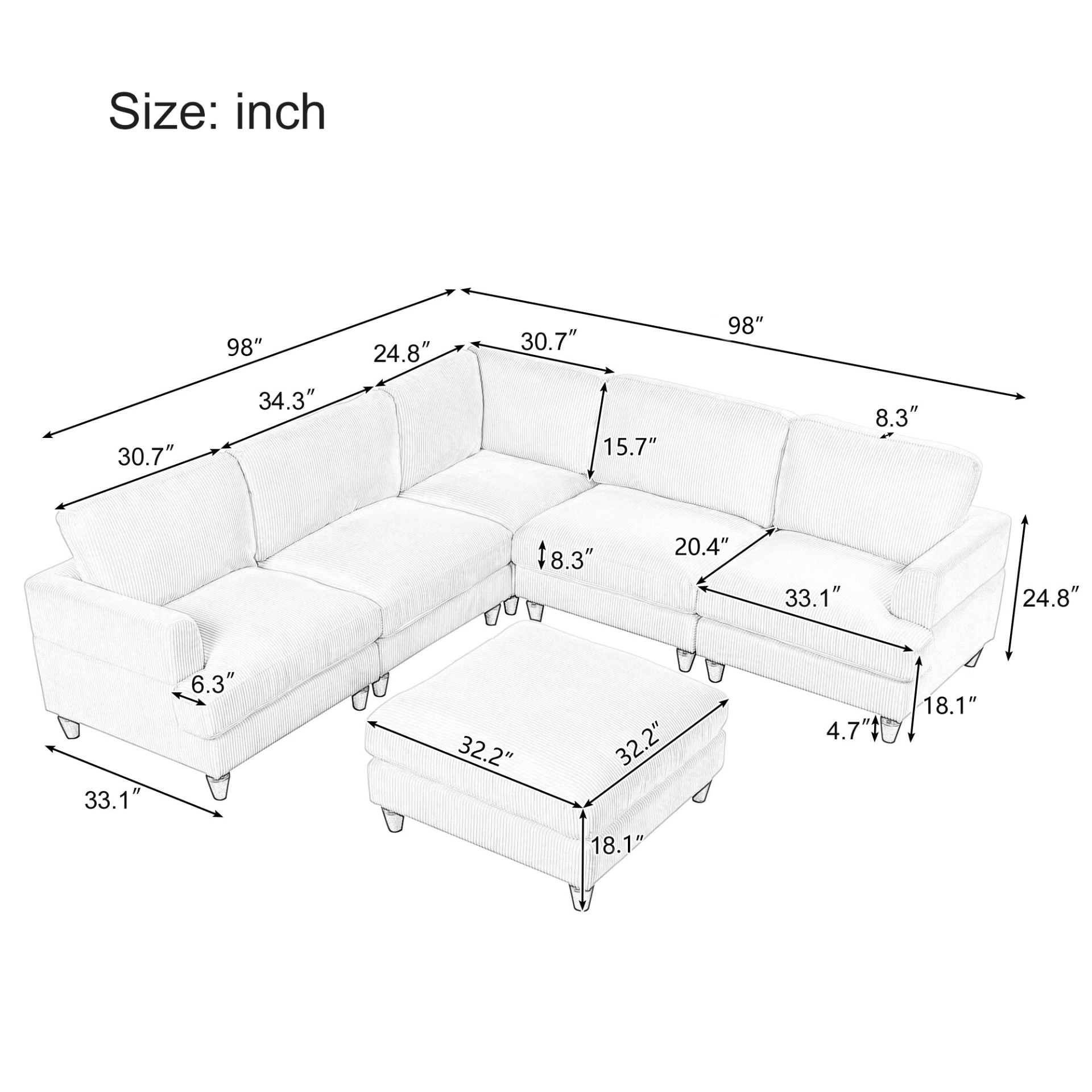 Modular Sectional Sofa with Ottoman - L Shaped Corner Sectional for Living Room, Office | Spacious Space Sensual Secret Boutique