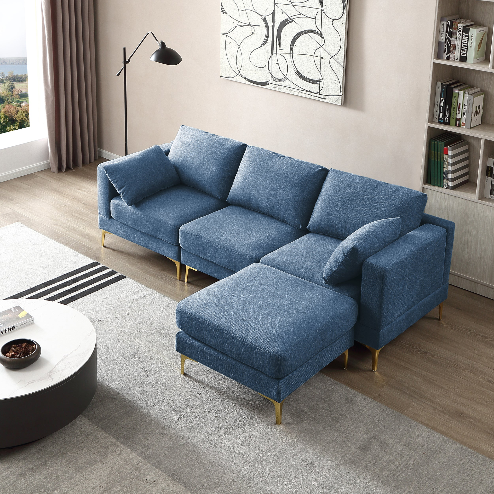 Modern Leisure L Shape Couch Blue Fabric | Living Room Furniture Sensual Secret Boutique