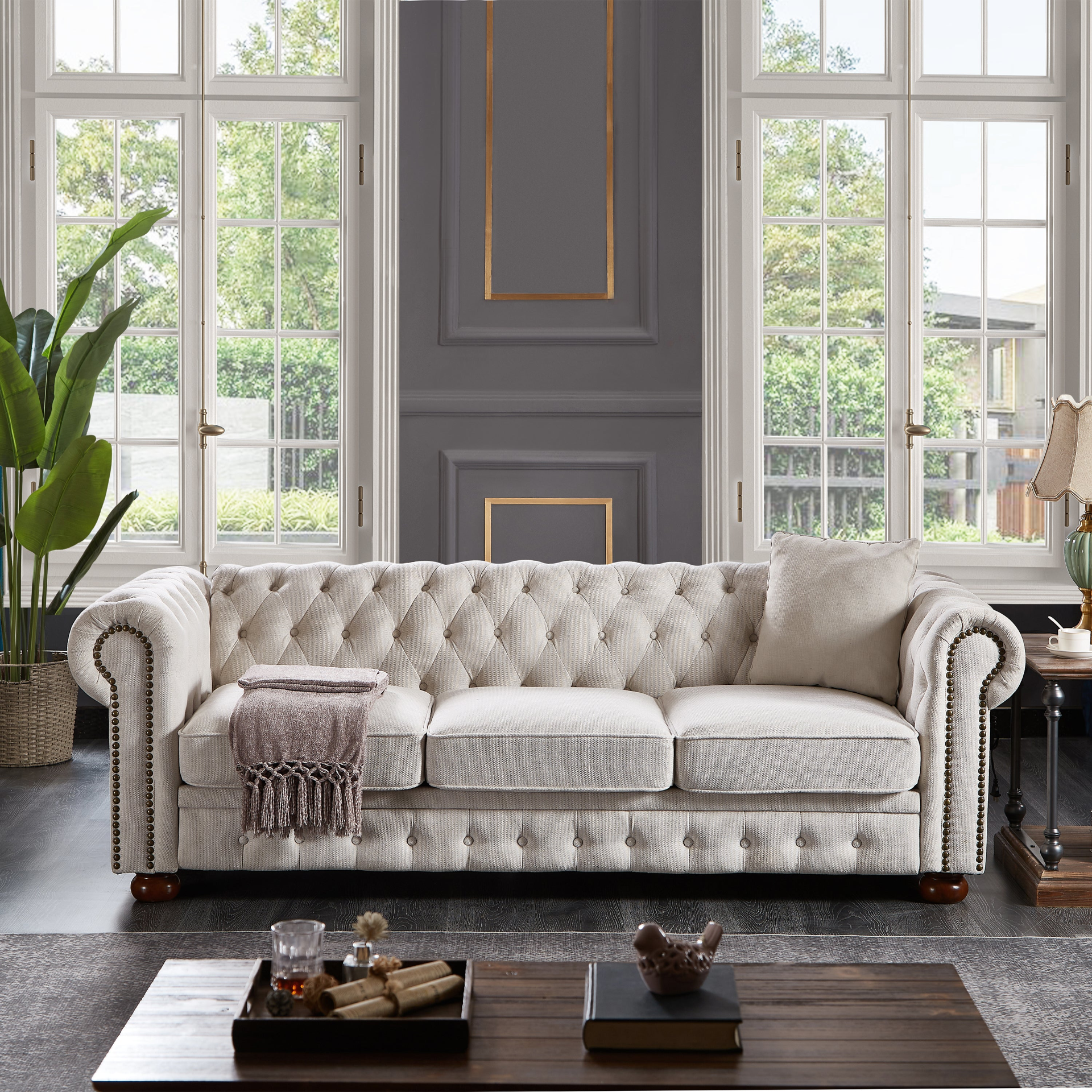 Chesterfield Sofa Beige Linen Fabric (Beige) - Sturdy Structure, Soft Upholstery, Easy Assembly Sensual Secret Boutique