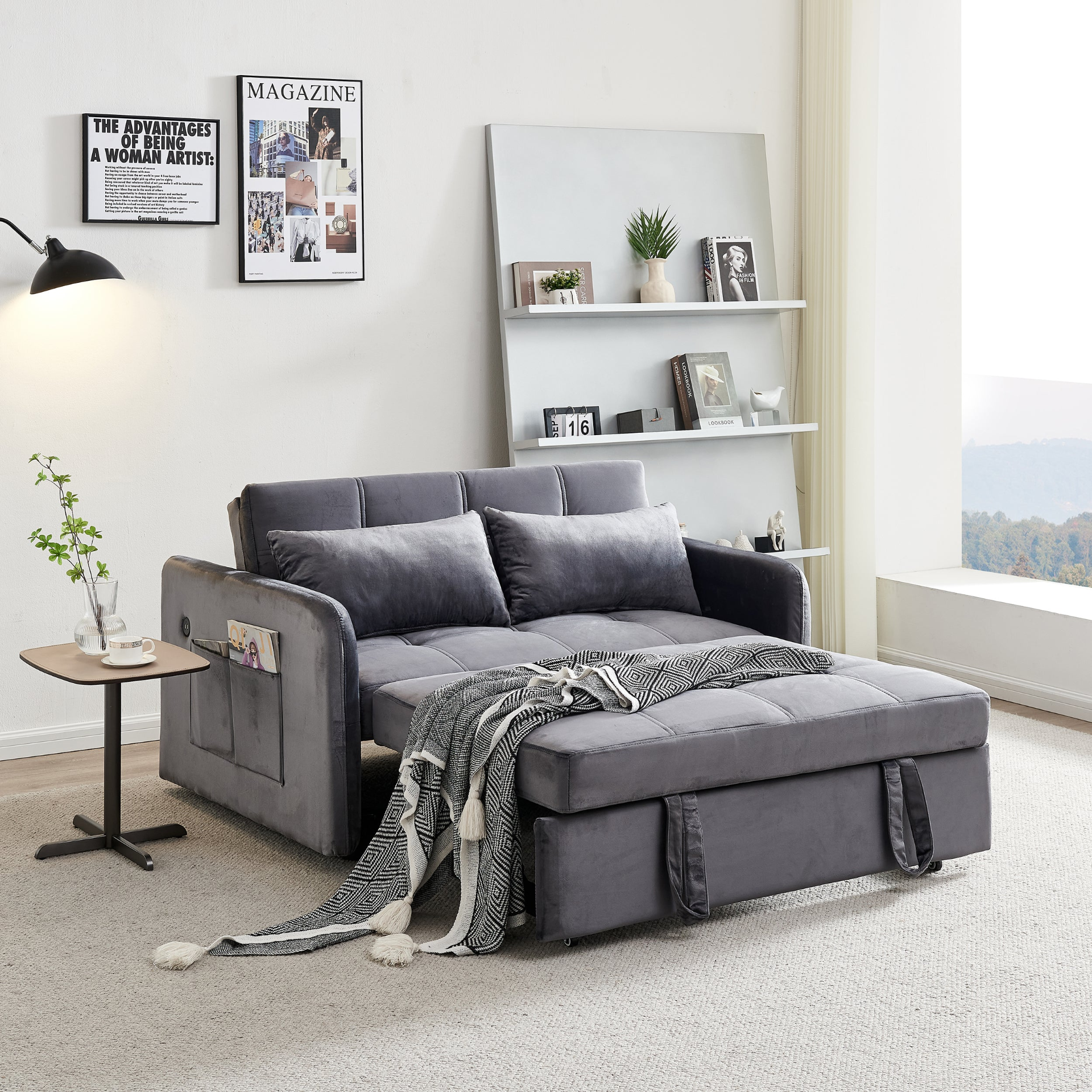 55.5" Twins Pull Out Sofa Bed Grey Velvet - Multifunctional, Comfortable, USB Charging Sensual Secret Boutique