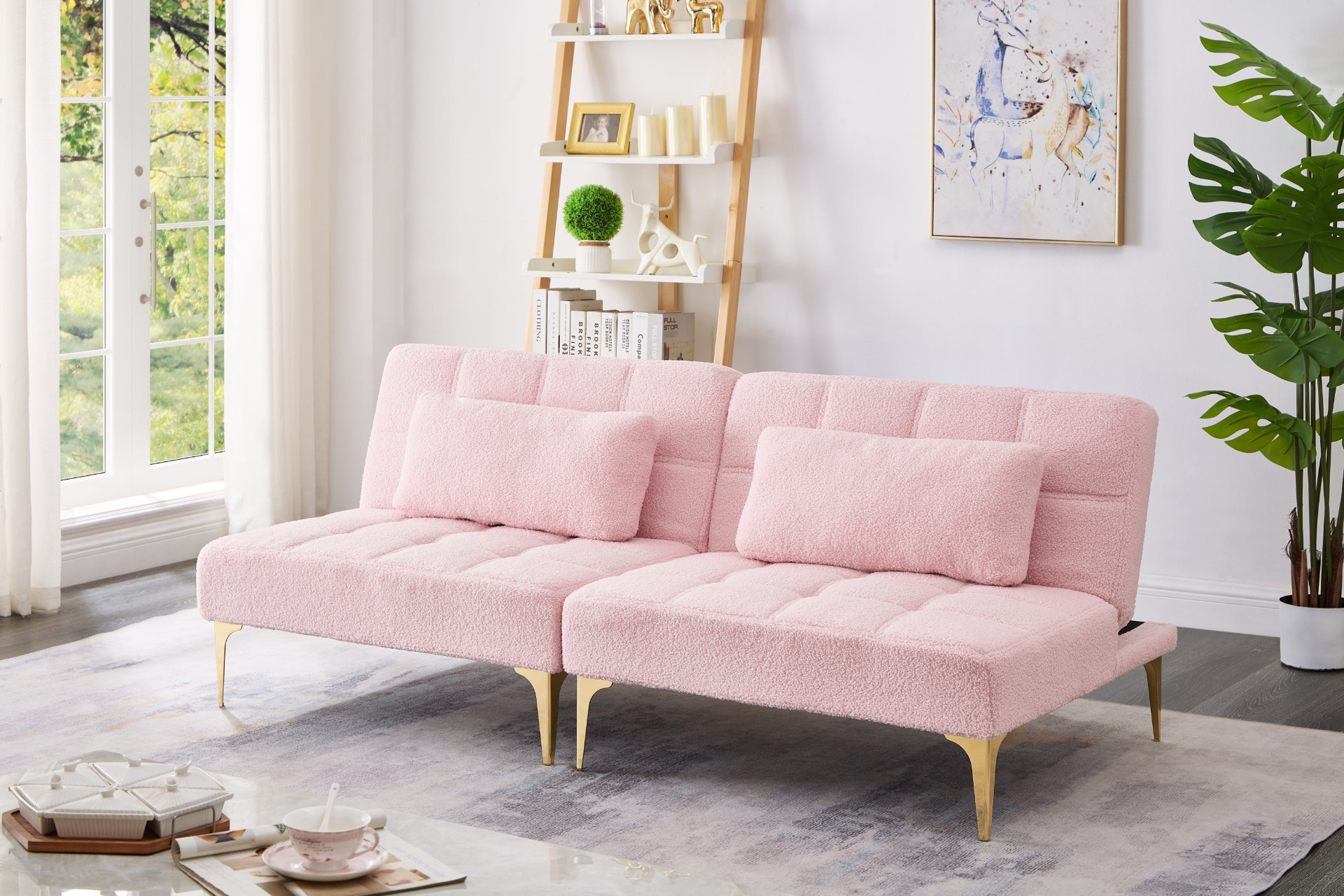 71" Convertible Sofa Bed Futon with Gold Metal Legs - Pink Sensual Secret Boutique