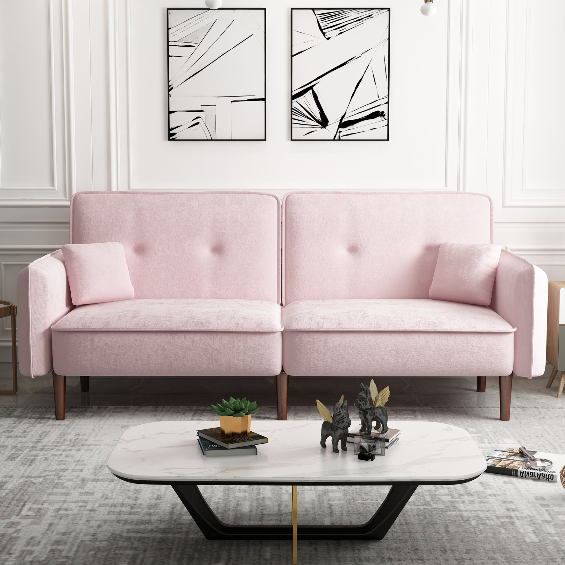 Stylish and Functional Convertible Sofa Bed with Wood Legs in Pink Velvet - Perfect for Small Spaces Sensual Secret Boutique