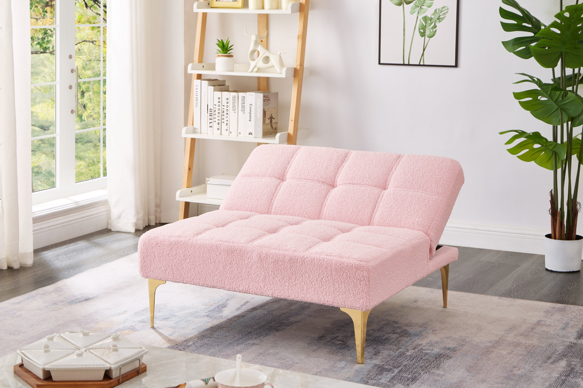 Convertible Single Sofa Bed Futon with Gold Metal Legs Teddy Fabric (Pink) - Comfortable and Versatile Sensual Secret Boutique