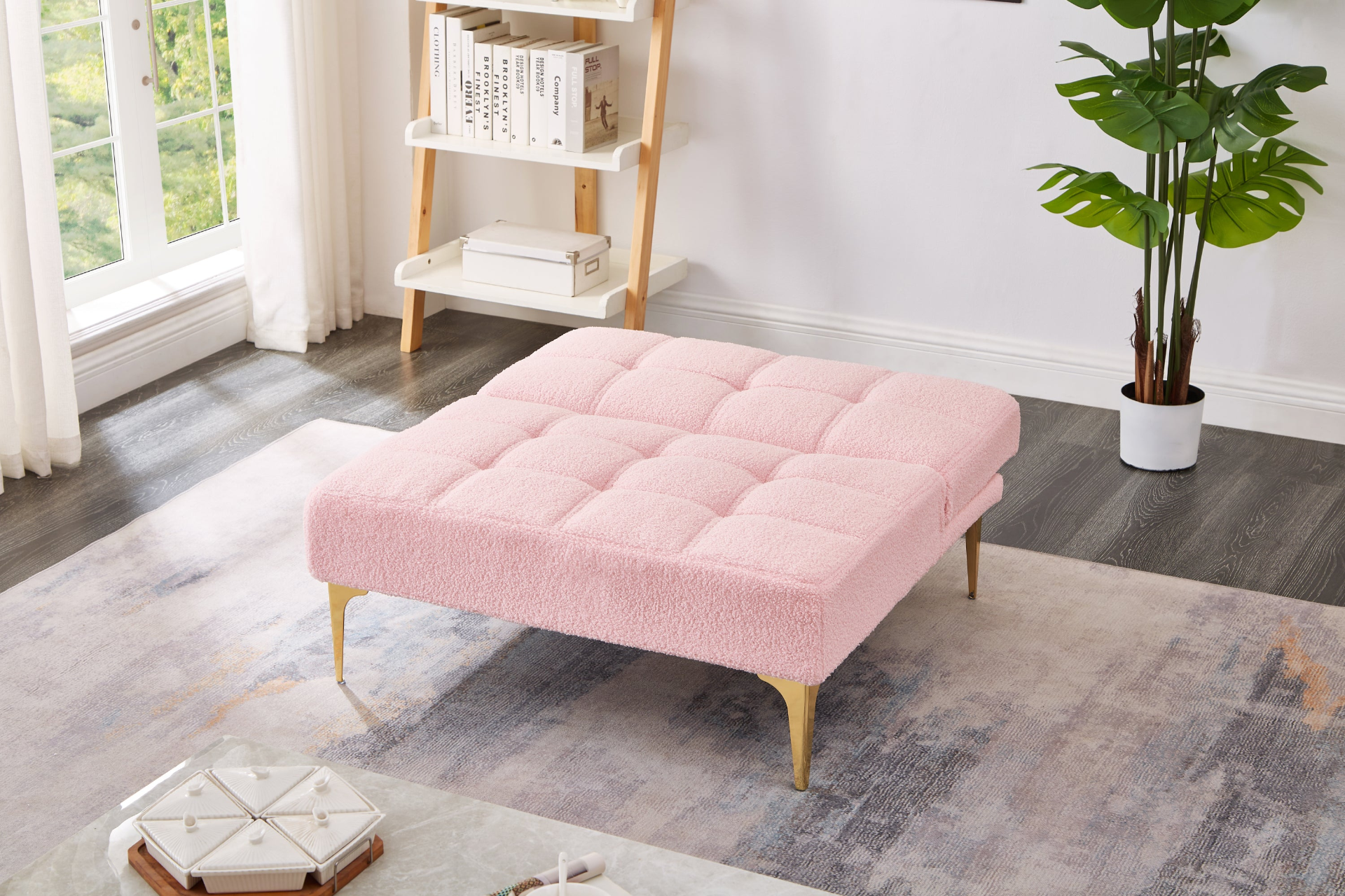 Convertible Single Sofa Bed Futon with Gold Metal Legs Teddy Fabric (Pink) - Comfortable and Versatile Sensual Secret Boutique