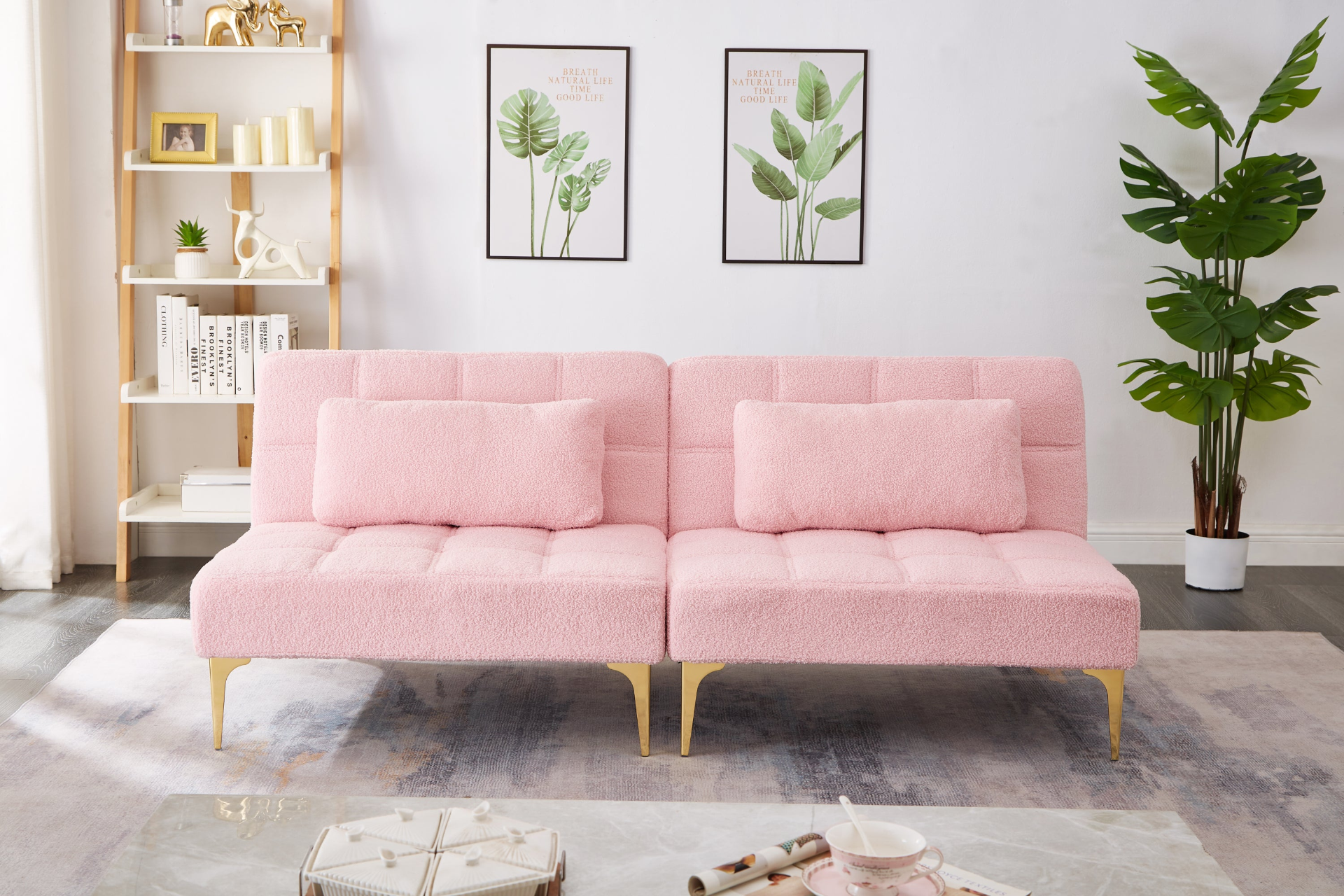 71" Convertible Sofa Bed Futon with Gold Metal Legs - Pink Sensual Secret Boutique