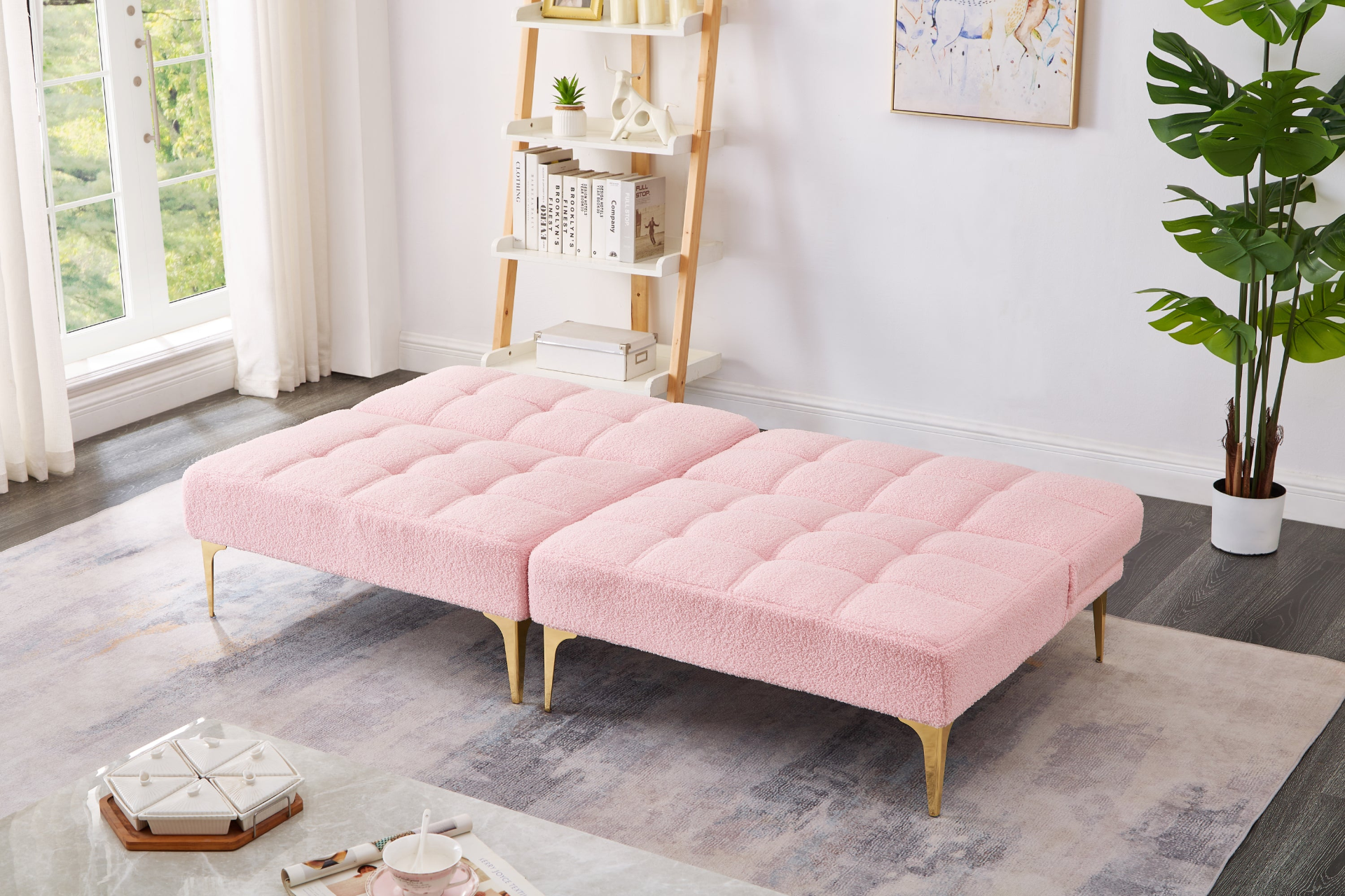 71" Convertible Sofa Bed Futon with Gold Metal Legs - Pink Sensual Secret Boutique