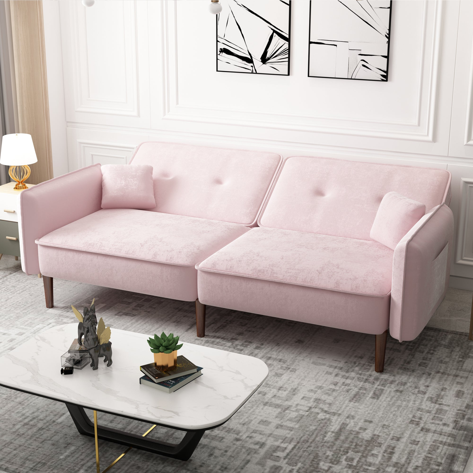 Stylish and Functional Convertible Sofa Bed with Wood Legs in Pink Velvet - Perfect for Small Spaces Sensual Secret Boutique