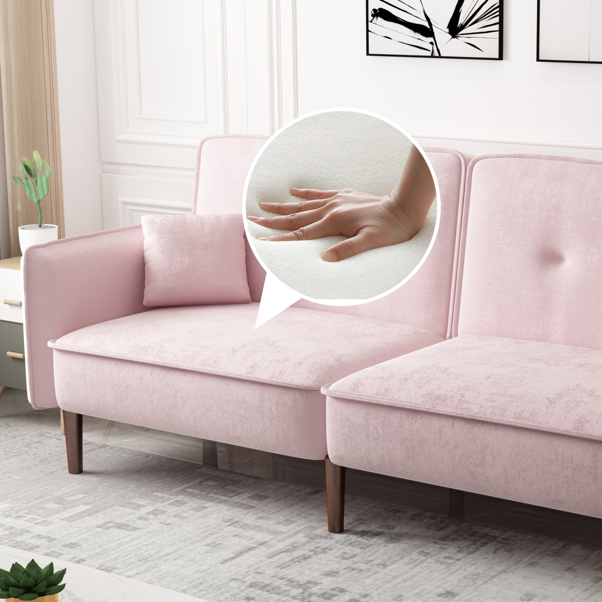 Stylish and Functional Convertible Sofa Bed with Wood Legs in Pink Velvet - Perfect for Small Spaces Sensual Secret Boutique