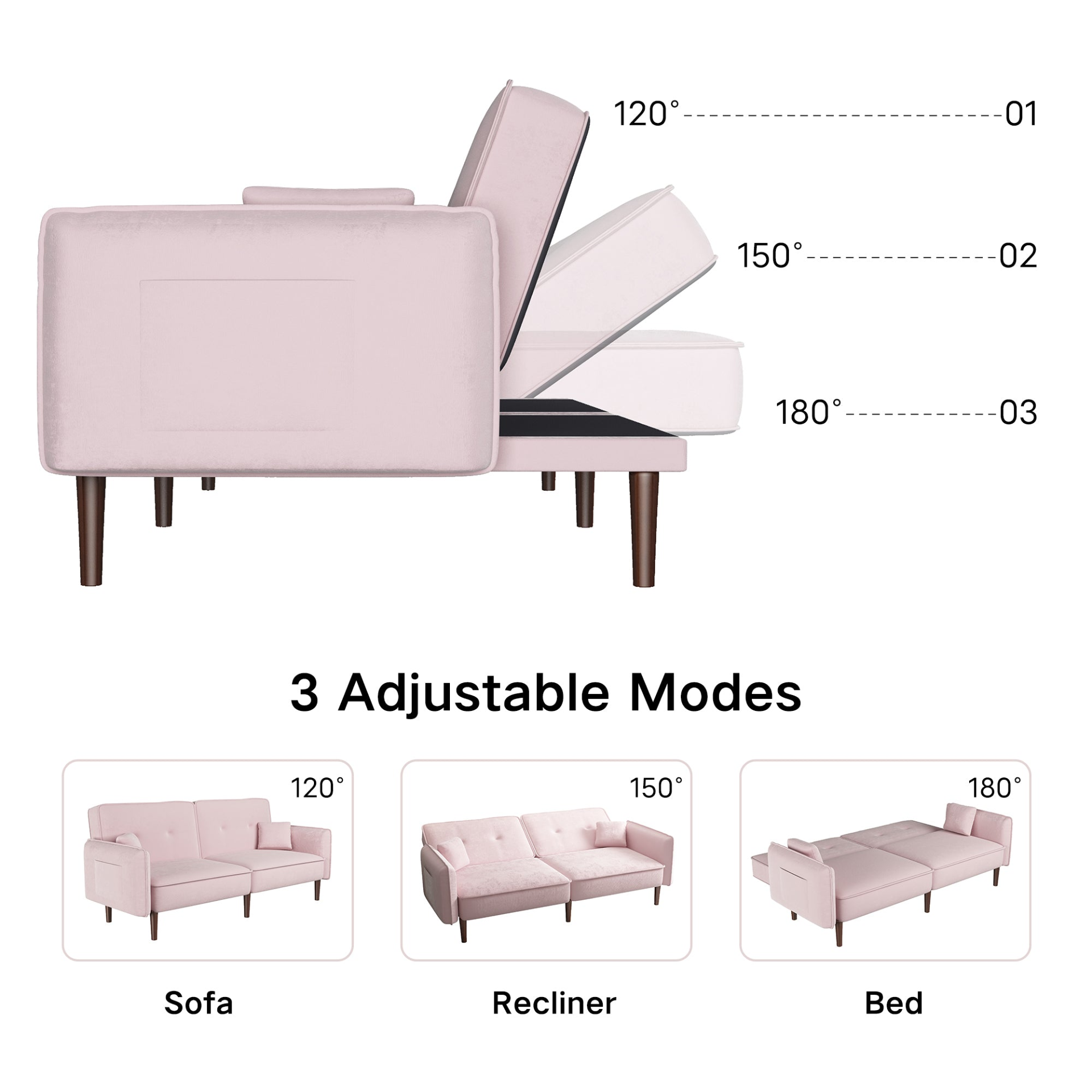 Stylish and Functional Convertible Sofa Bed with Wood Legs in Pink Velvet - Perfect for Small Spaces Sensual Secret Boutique