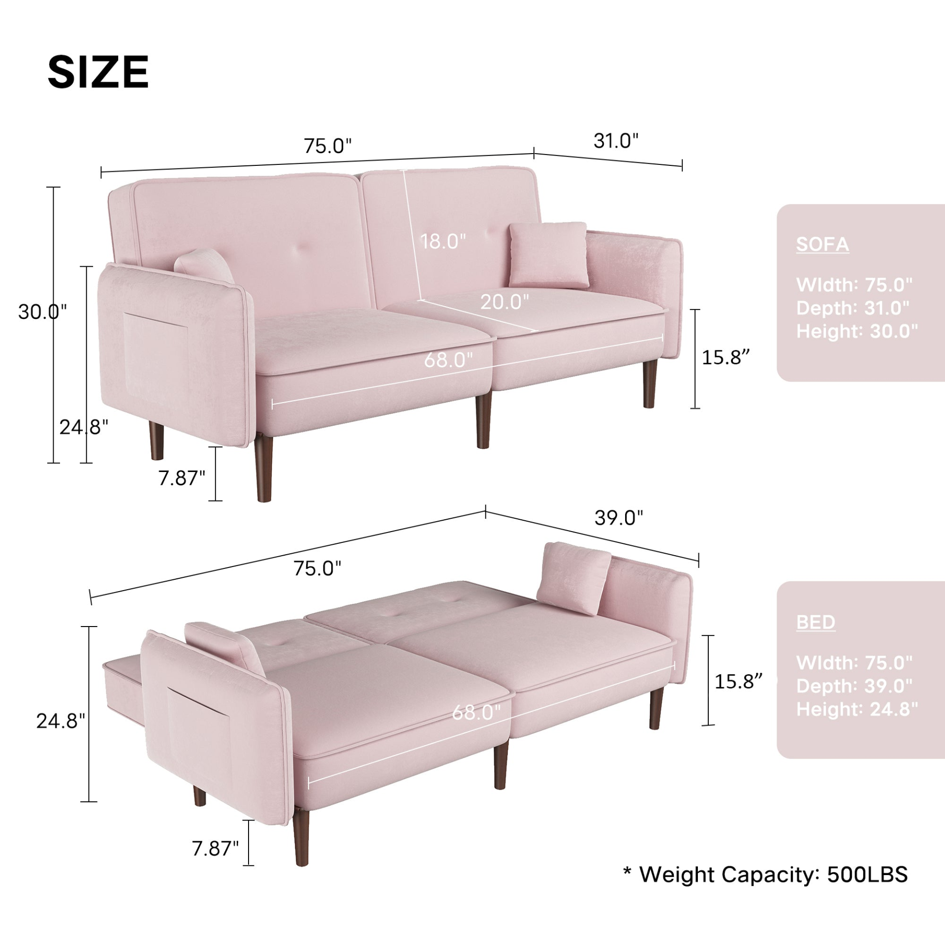 Stylish and Functional Convertible Sofa Bed with Wood Legs in Pink Velvet - Perfect for Small Spaces Sensual Secret Boutique