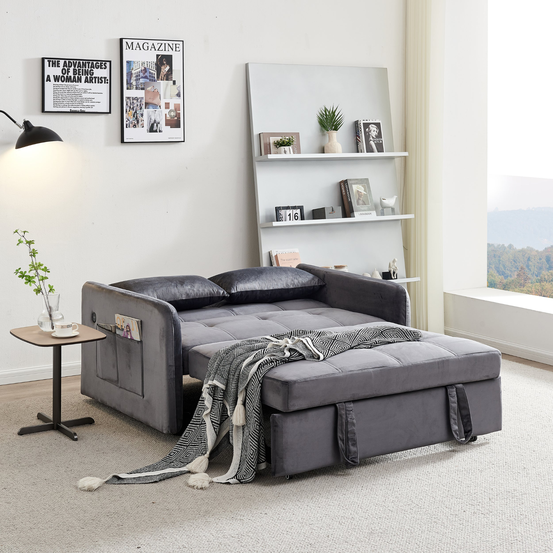 55.5" Twins Pull Out Sofa Bed Grey Velvet - Multifunctional, Comfortable, USB Charging Sensual Secret Boutique