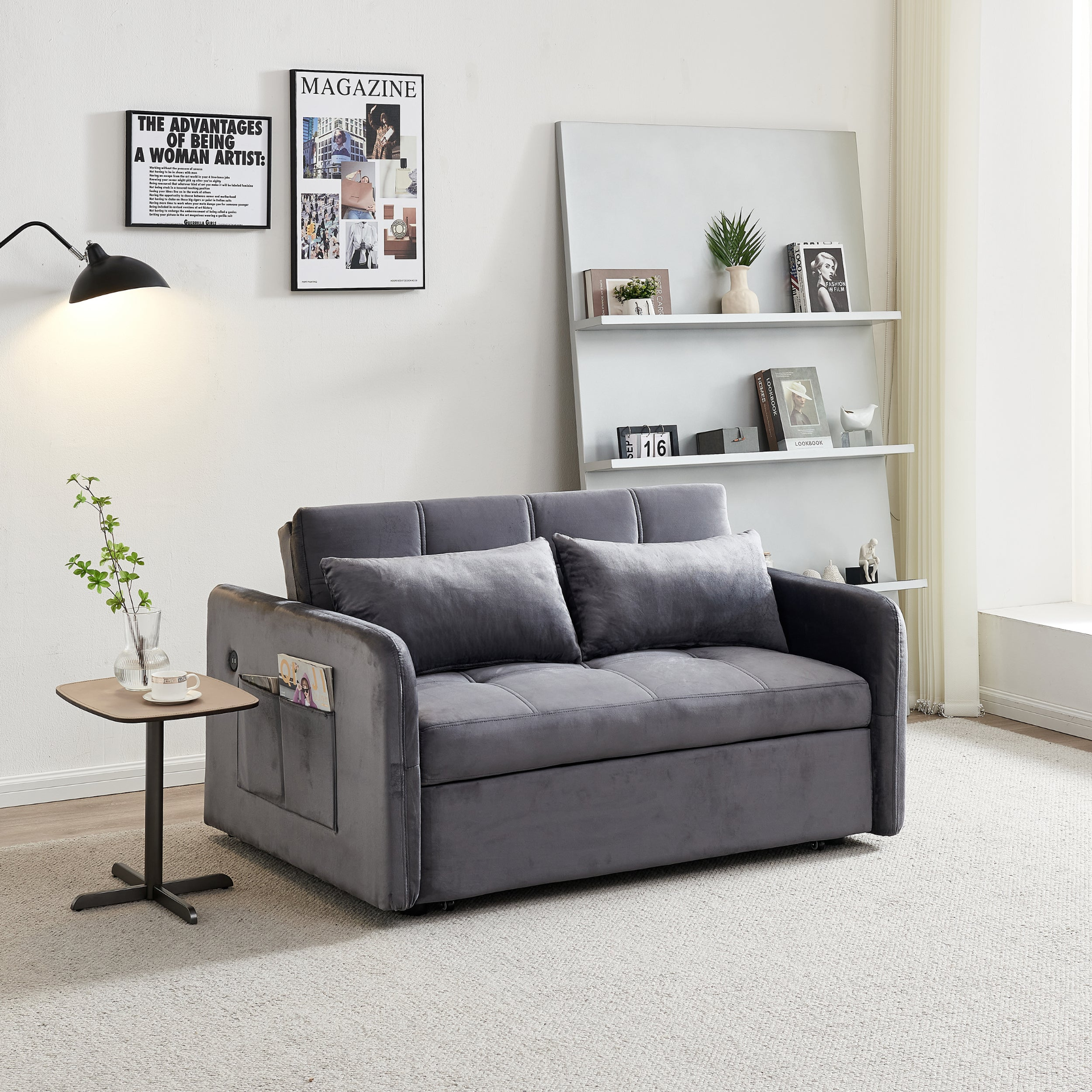 55.5" Twins Pull Out Sofa Bed Grey Velvet - Multifunctional, Comfortable, USB Charging Sensual Secret Boutique