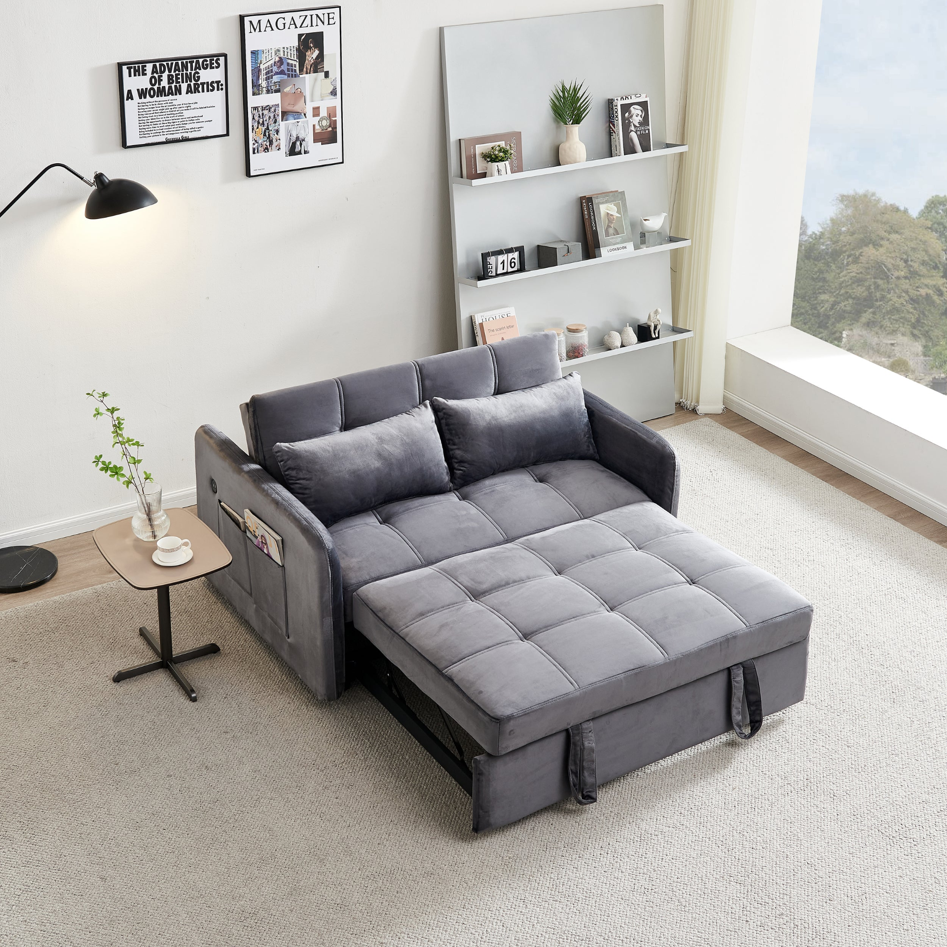 55.5" Twins Pull Out Sofa Bed Grey Velvet - Multifunctional, Comfortable, USB Charging Sensual Secret Boutique