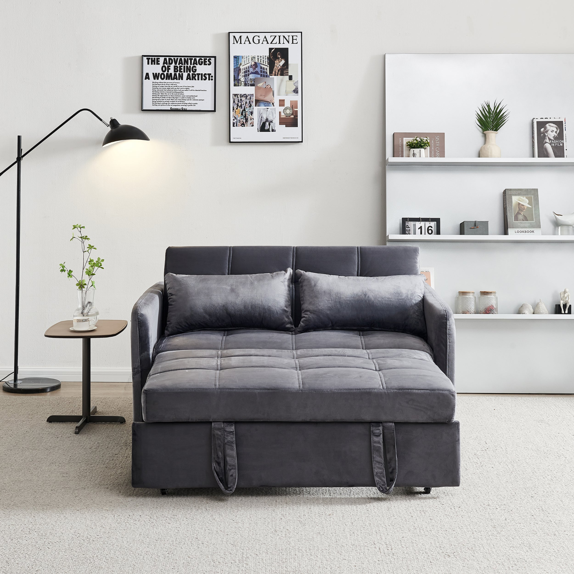 55.5" Twins Pull Out Sofa Bed Grey Velvet - Multifunctional, Comfortable, USB Charging Sensual Secret Boutique