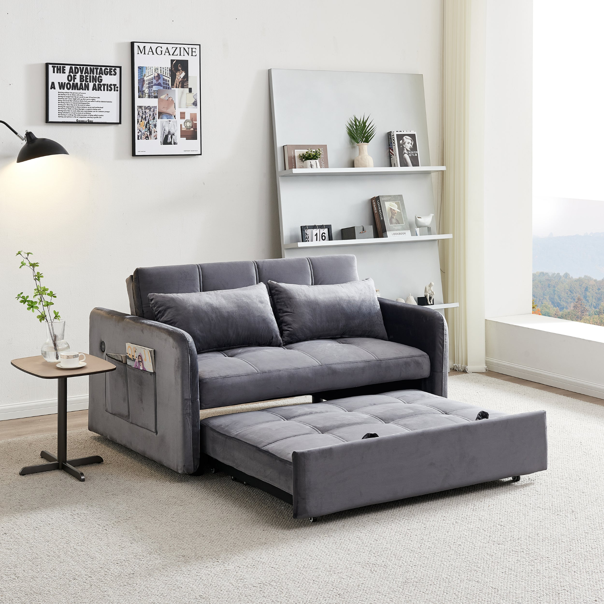 55.5" Twins Pull Out Sofa Bed Grey Velvet - Multifunctional, Comfortable, USB Charging Sensual Secret Boutique