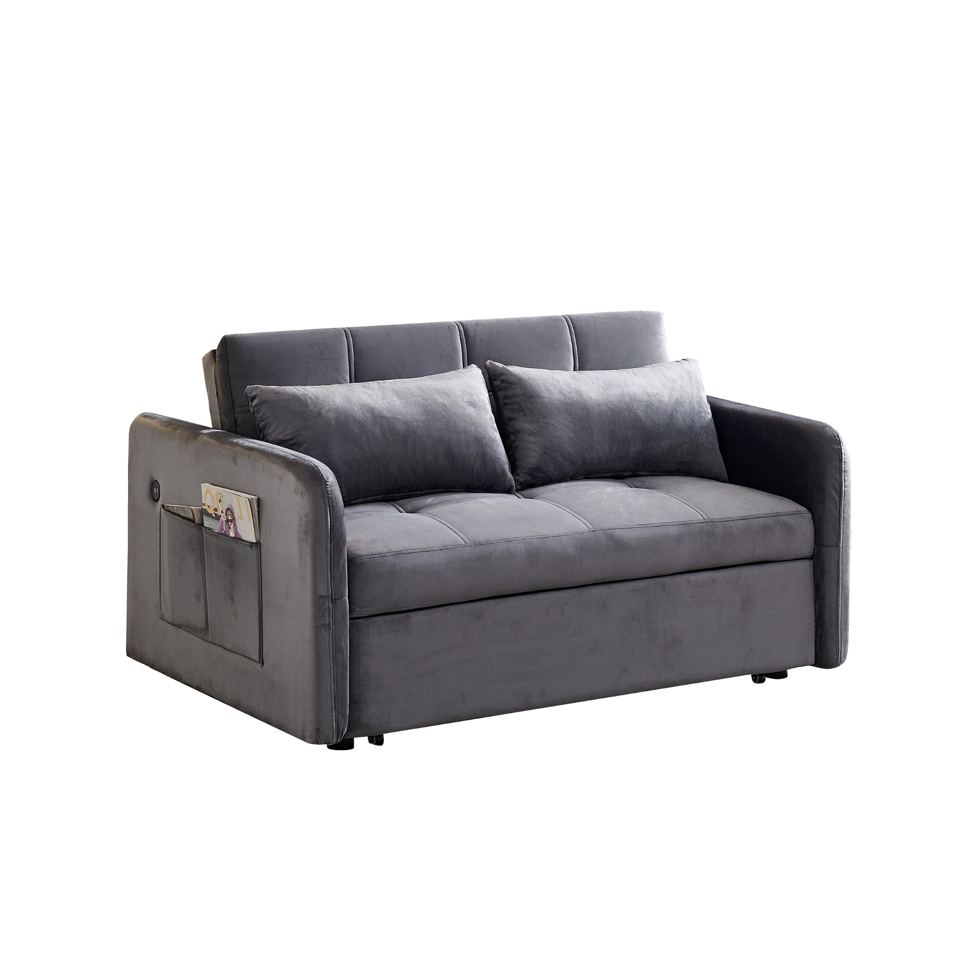 55.5" Twins Pull Out Sofa Bed Grey Velvet - Multifunctional, Comfortable, USB Charging Sensual Secret Boutique